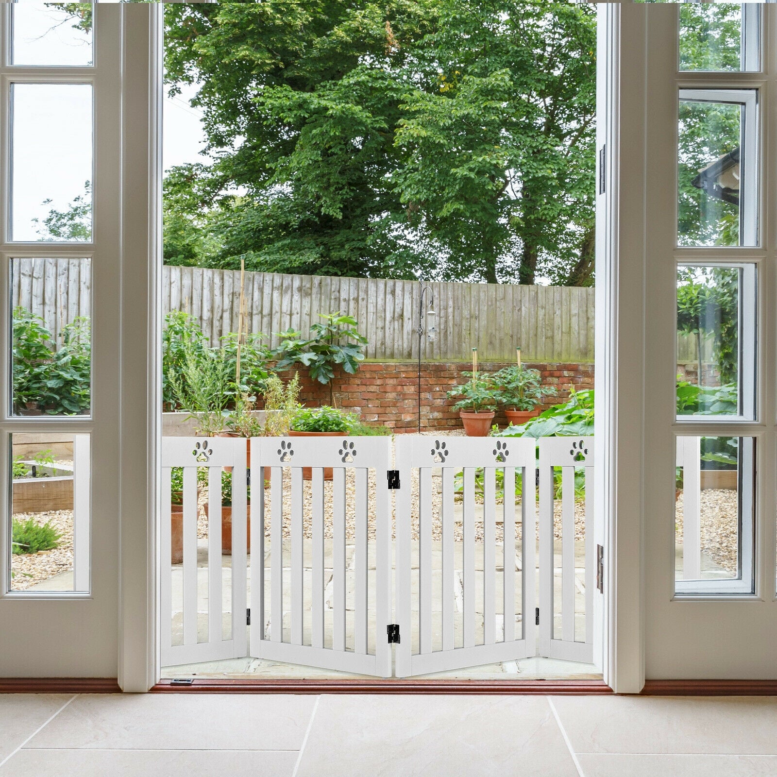 24 Inch Folding Wooden Freestanding Pet Gate Dog Gate with Hinge -White