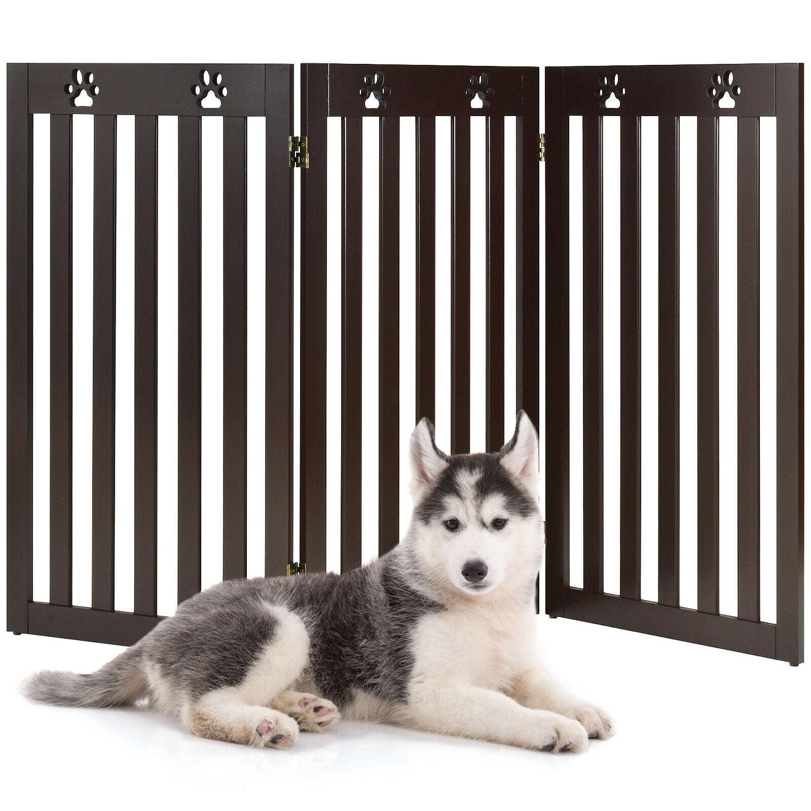 36 Inch Folding Wooden Freestanding Pet Gate Dog Gate with Flexible Hinge-Dark Brown