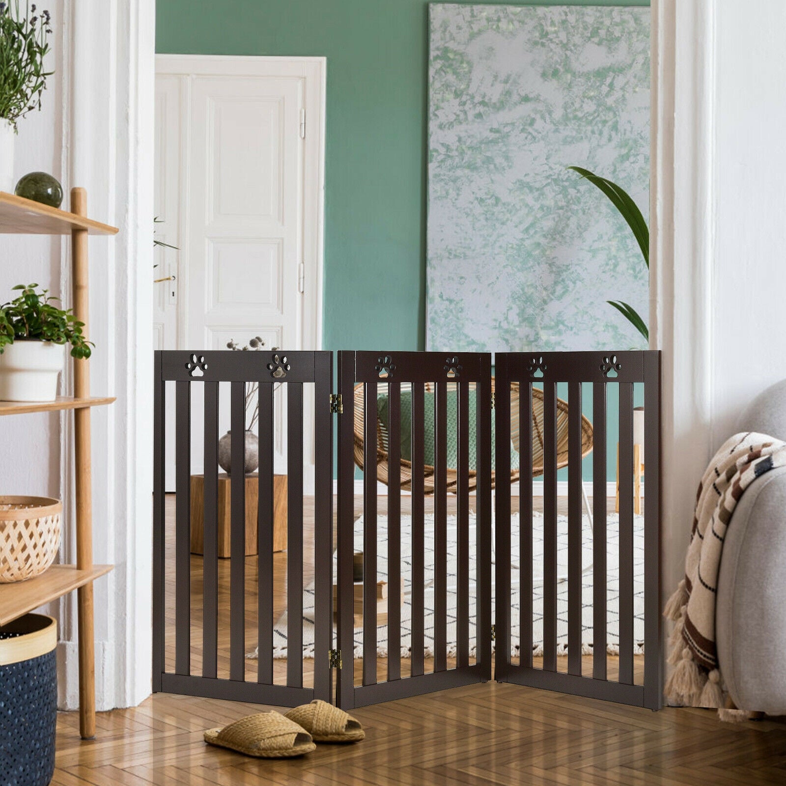 36 Inch Folding Wooden Freestanding Pet Gate Dog Gate with Flexible Hinge-Dark Brown