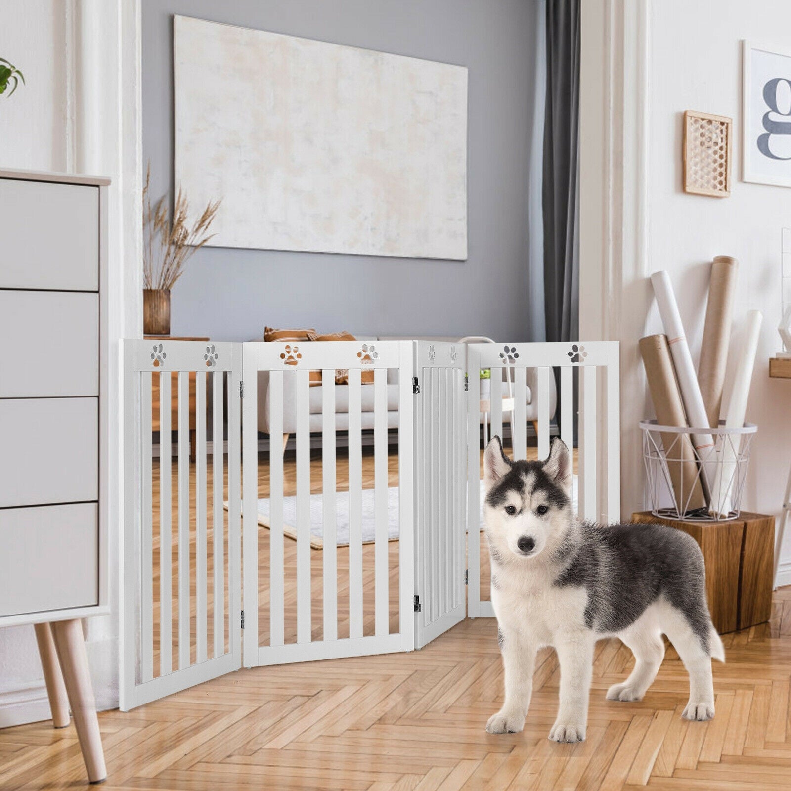 36 Inch Folding Wooden Freestanding Pet Gate? with Hinge-White