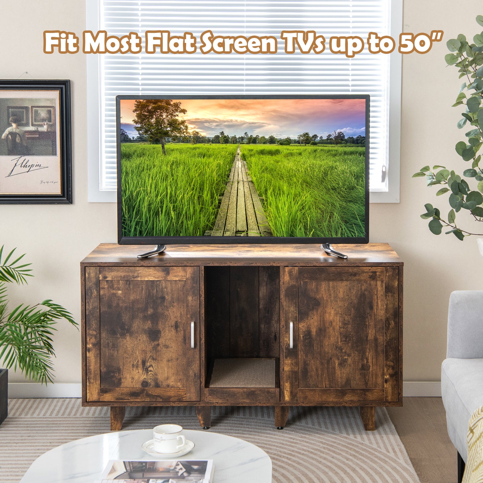 2-Door Cat Litter Box Enclosure with Winding Entry and Scratching Board