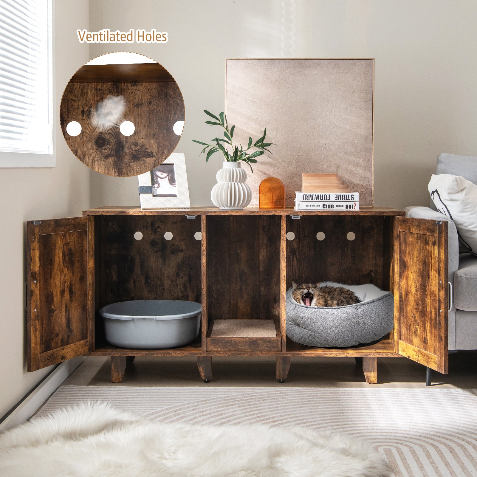 2-Door Cat Litter Box Enclosure with Winding Entry and Scratching Board