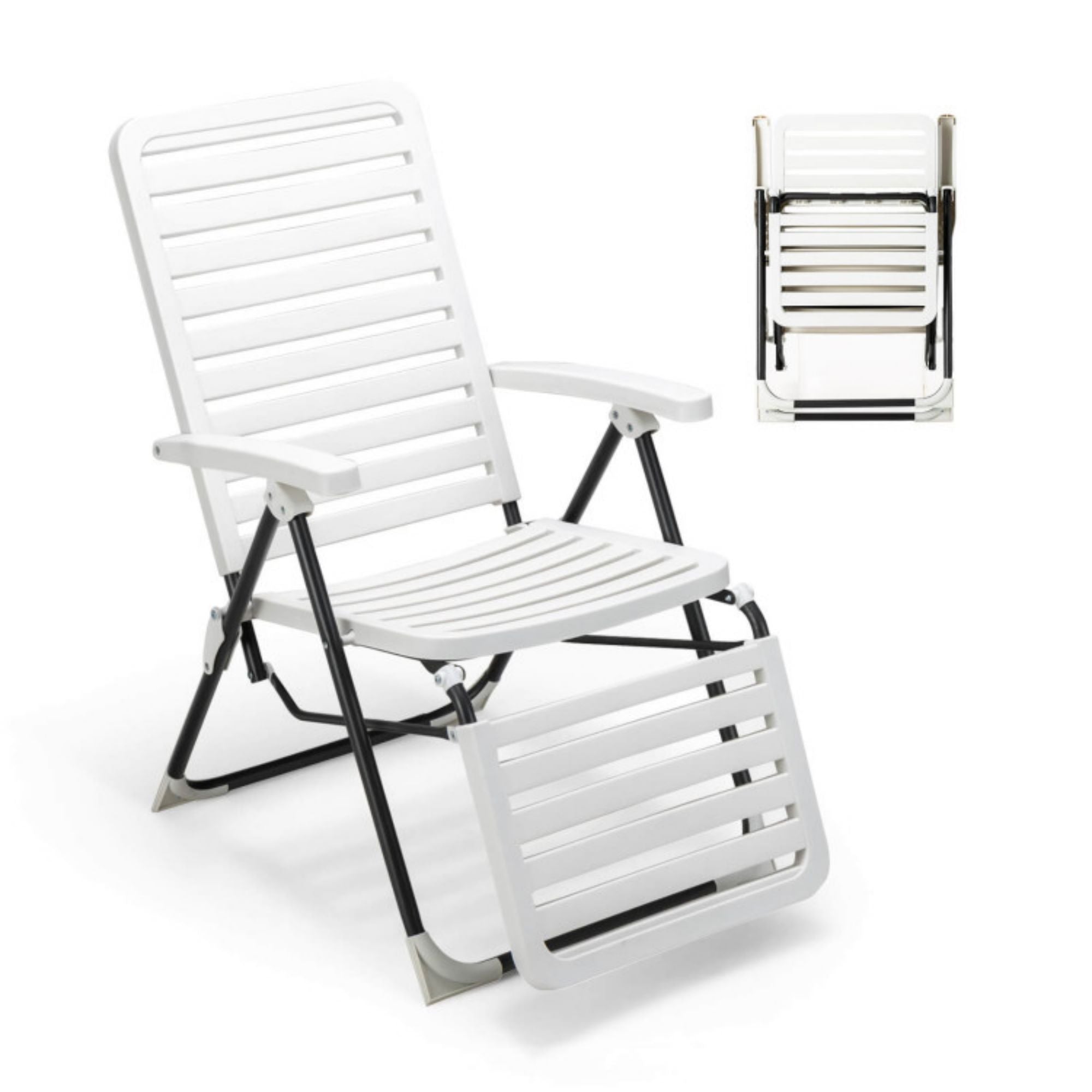 SUGIFT PP Folding Patio Chaise Lounger with 7-Level Backrest and Cozy Footrest