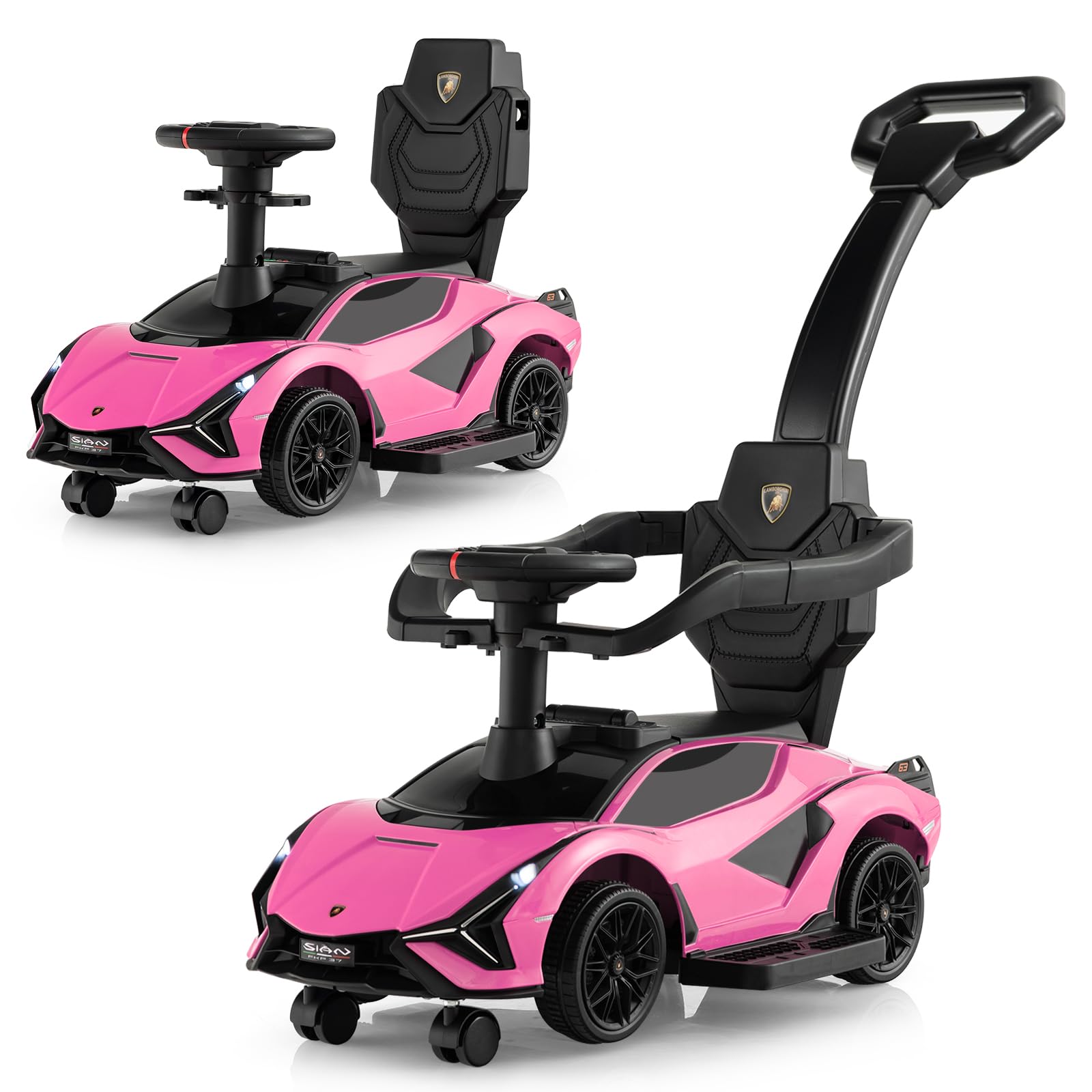 3 in 1 Licensed Lamborghini Ride Walking Toy Stroller-Pink