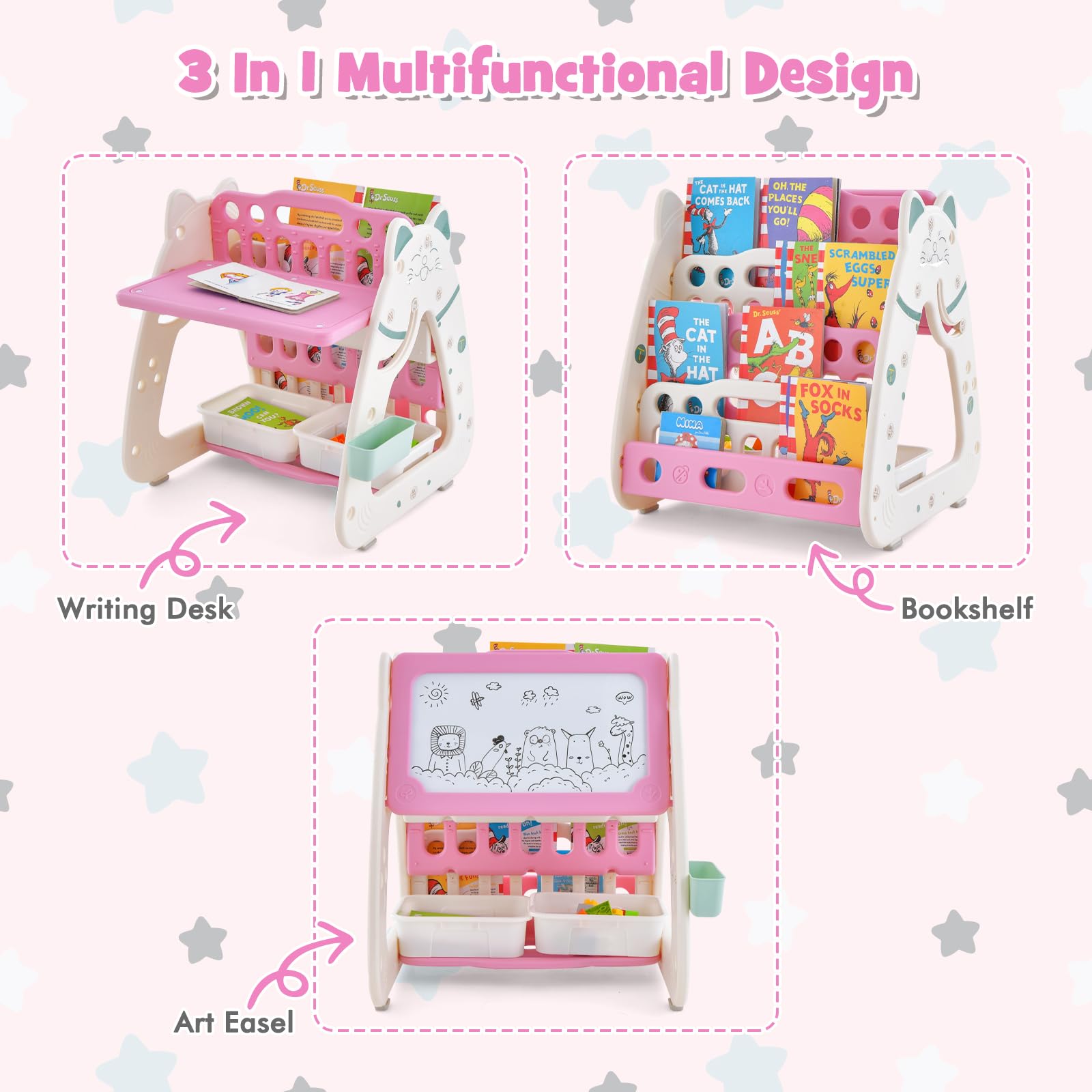 3-In-1 Double Sided Magnetic Dry-Erase Board with Stool and Flipped Writing Desktop