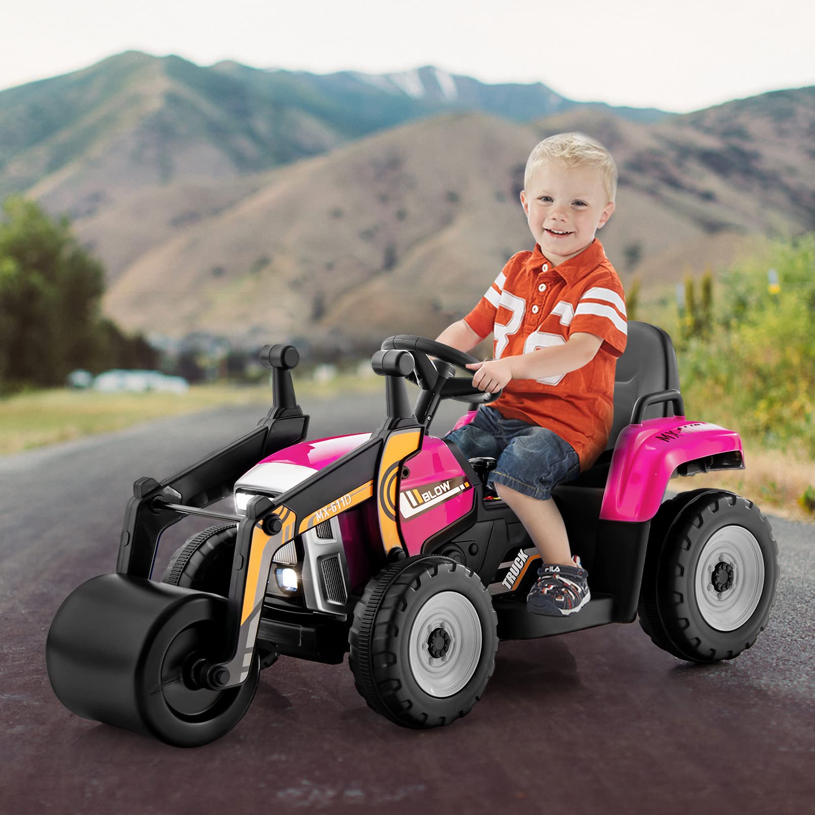 12V Kids Ride on Road Roller with 2.4G Remote Control-Pink