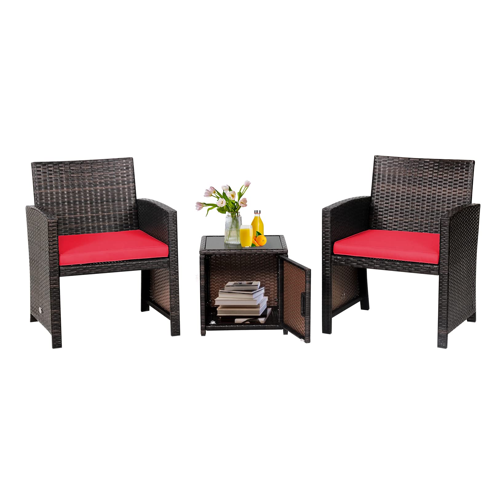 3 Pieces Patio Wicker Furniture Set with Storage Table and Protective Cover