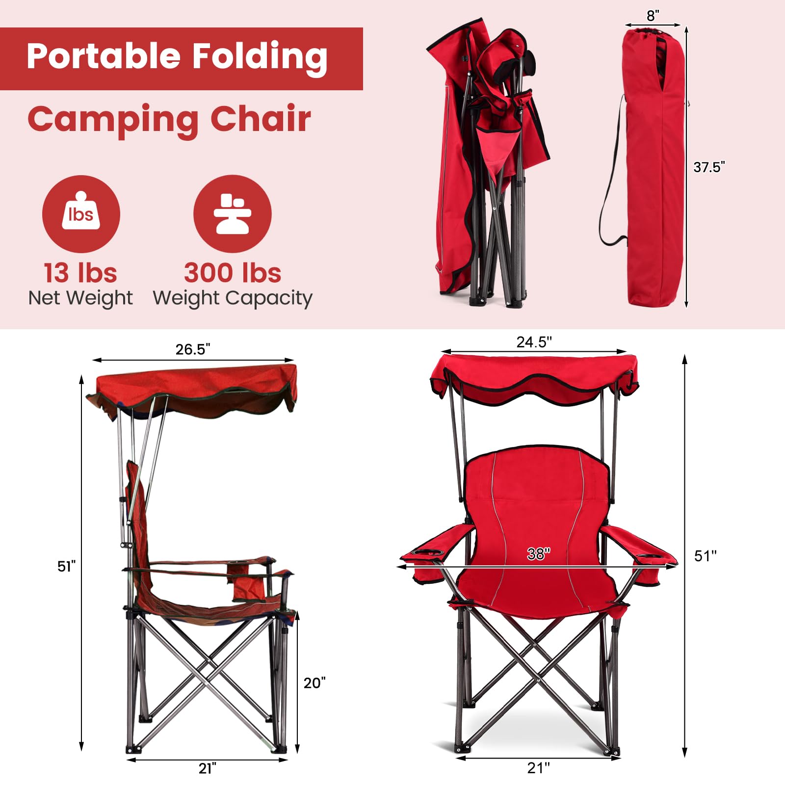 SUGIFT Portable Folding Beach Canopy Chair with Cup Holders