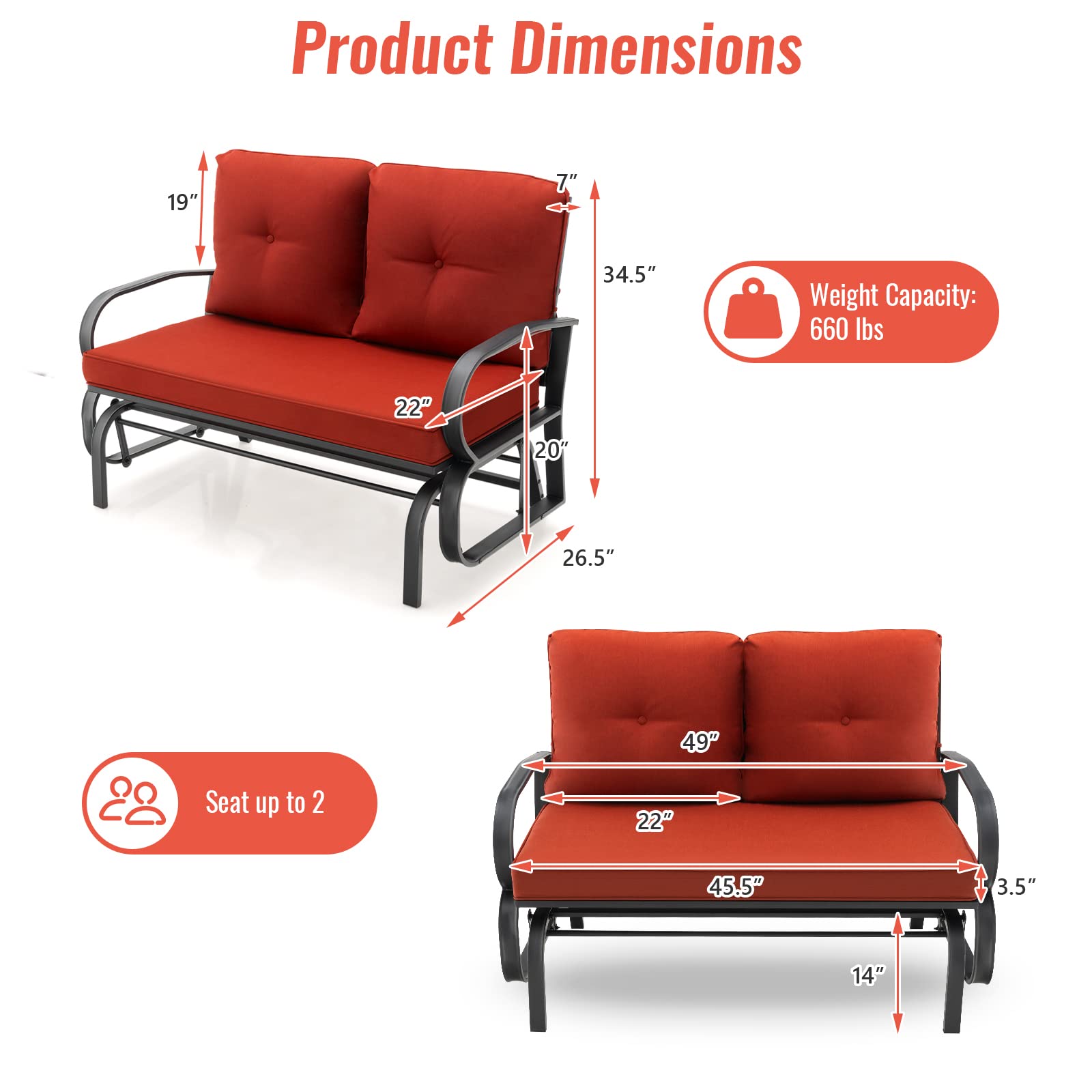 SUGIFT Patio 2-Person Glider Bench Rocking Loveseat with Cushioned Armrest
