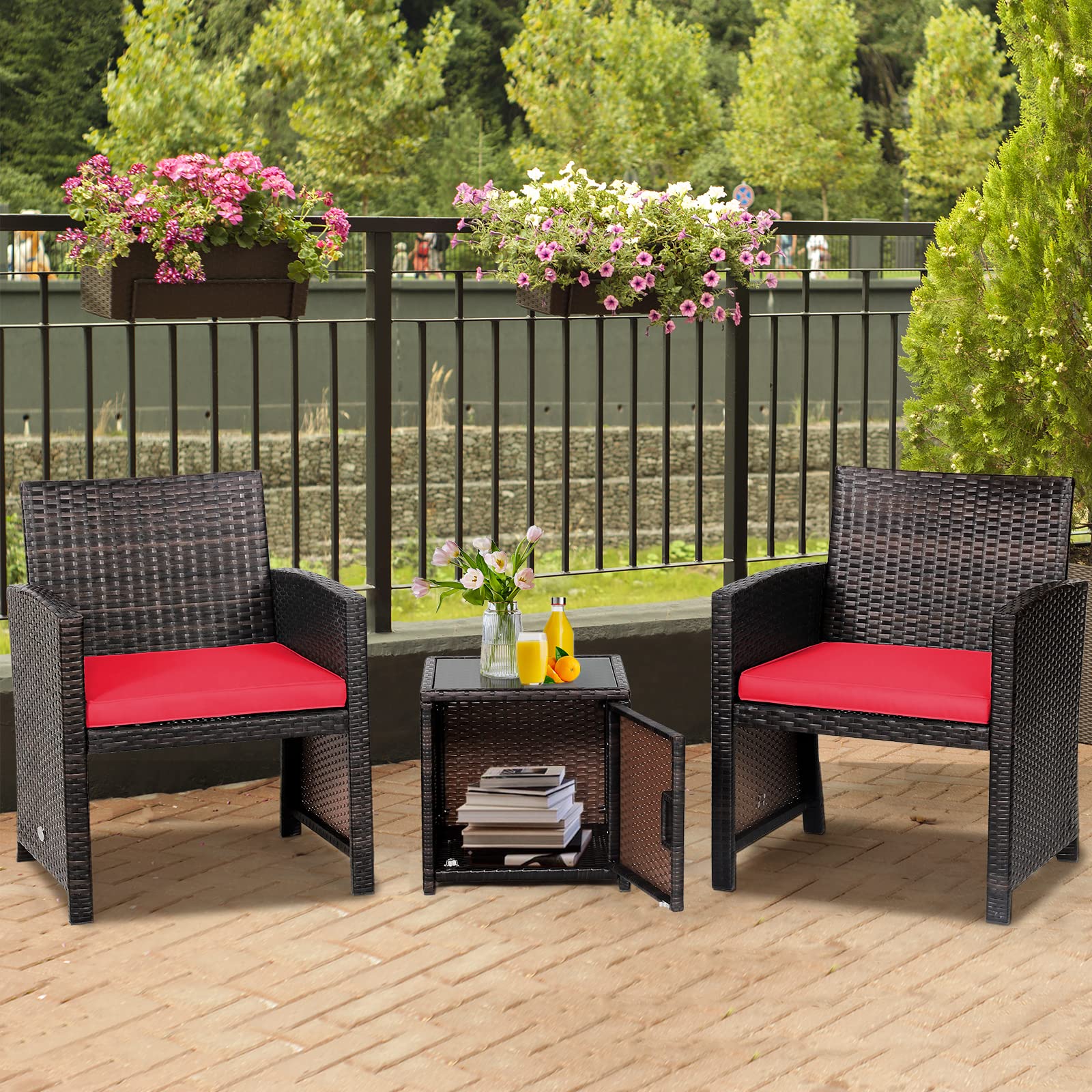 3 Pieces Patio Wicker Furniture Set with Storage Table and Protective Cover