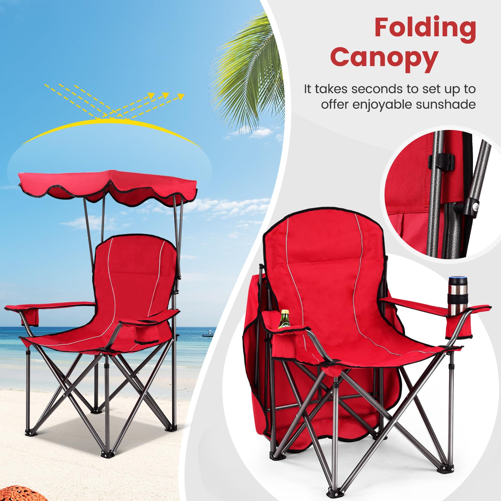 SUGIFT Portable Folding Beach Canopy Chair with Cup Holders