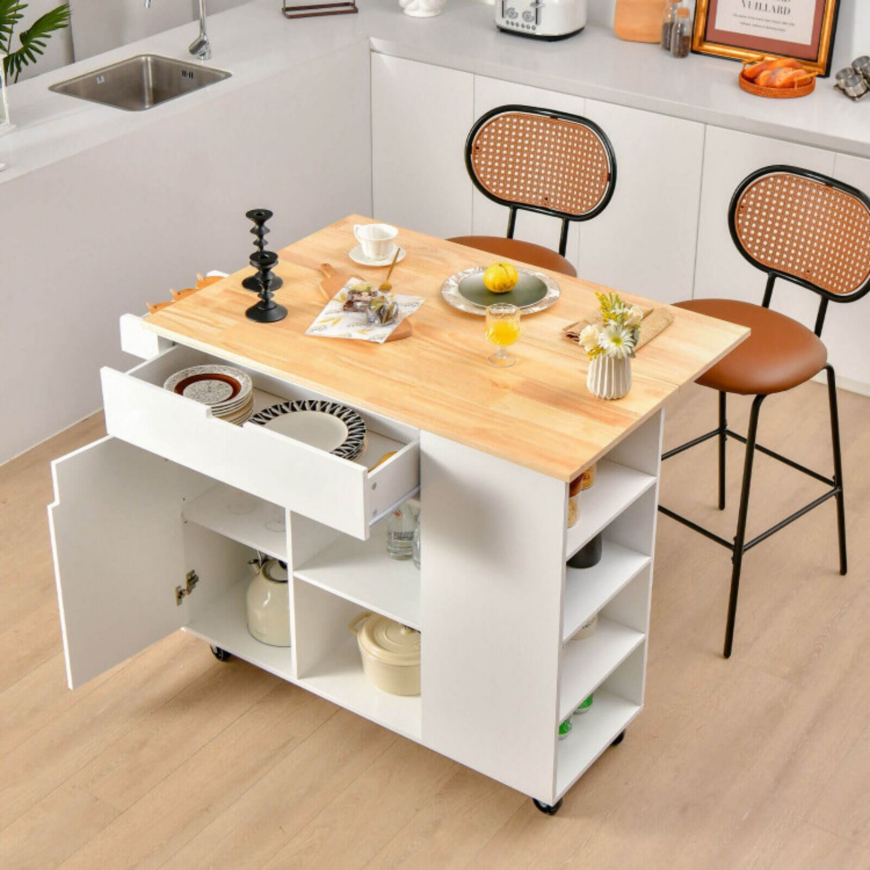 SUGIFT Drop-Leaf Kitchen Island Cart with Rubber Wood Top