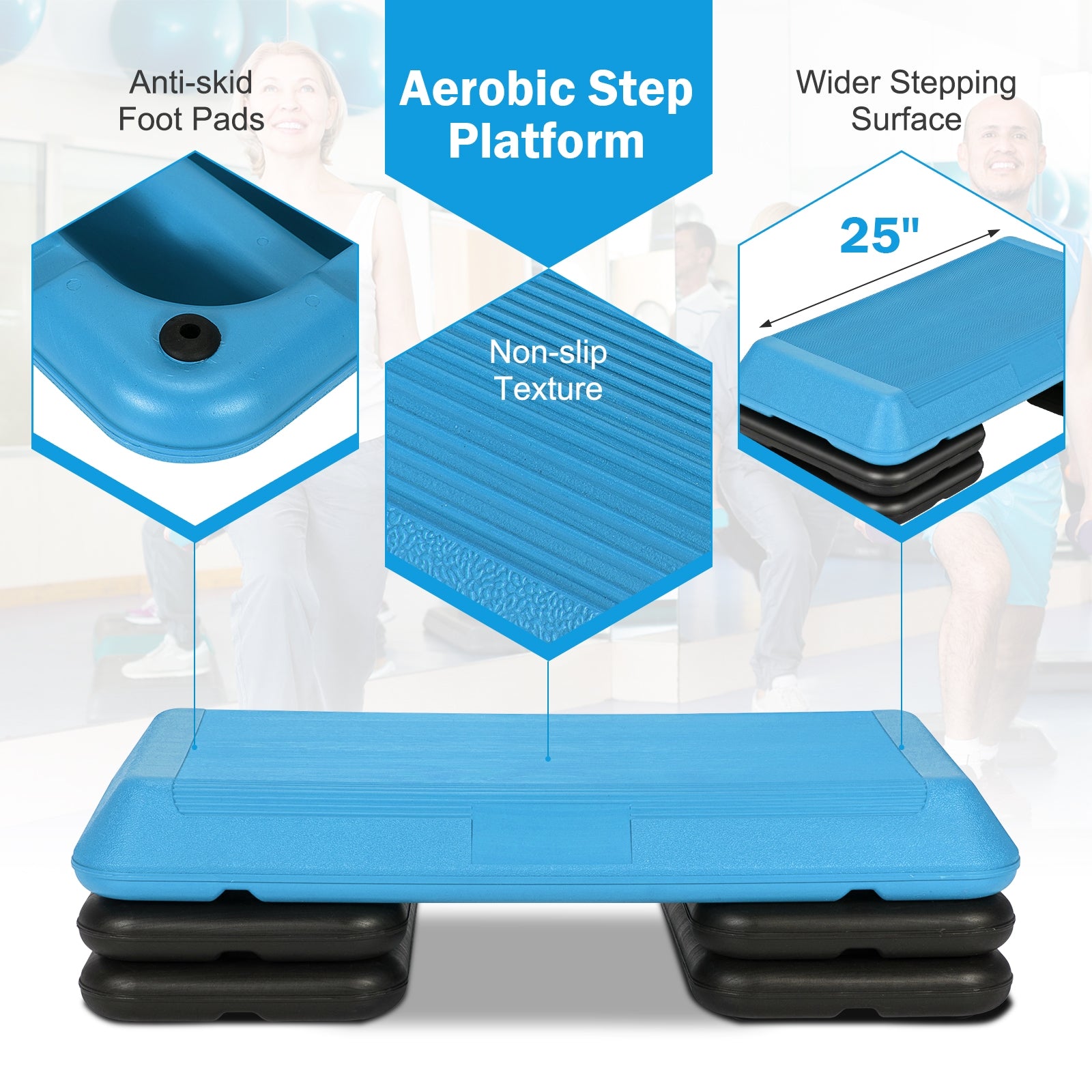 29 Inch Adjustable Workout Fitness Aerobic Stepper Exercise Platform-Blue