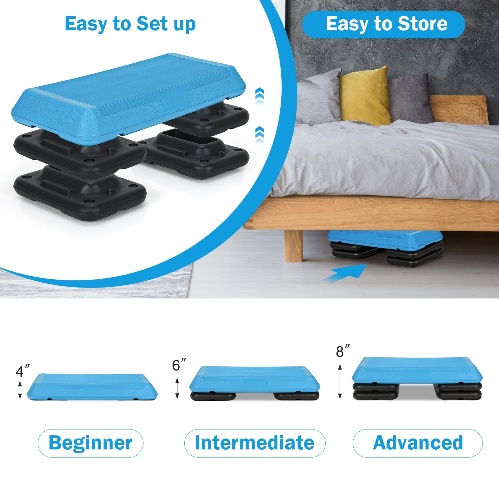 29 Inch Adjustable Workout Fitness Aerobic Stepper Exercise Platform-Blue