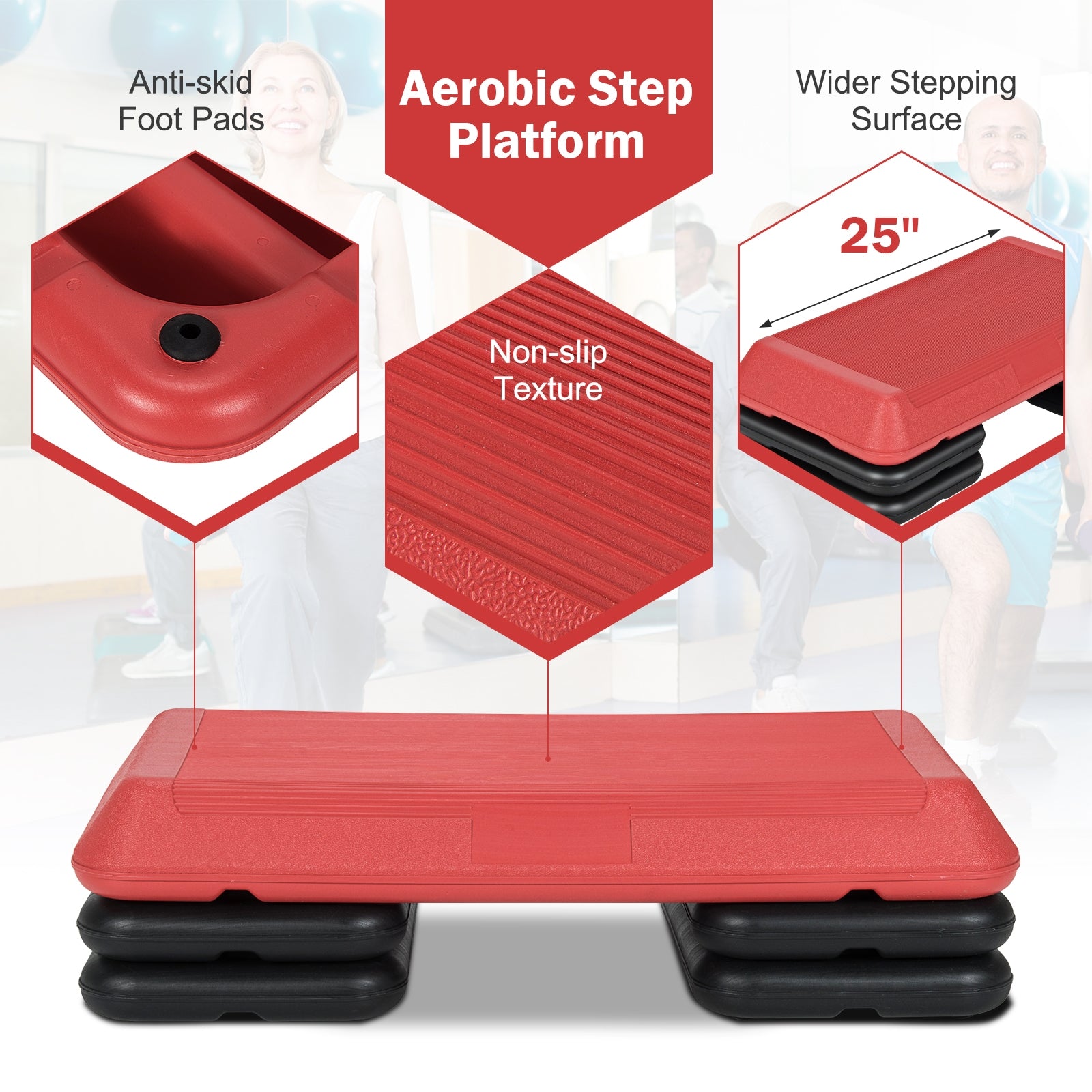 29 Inch Adjustable Workout Fitness Aerobic Stepper Exercise Platform-Red