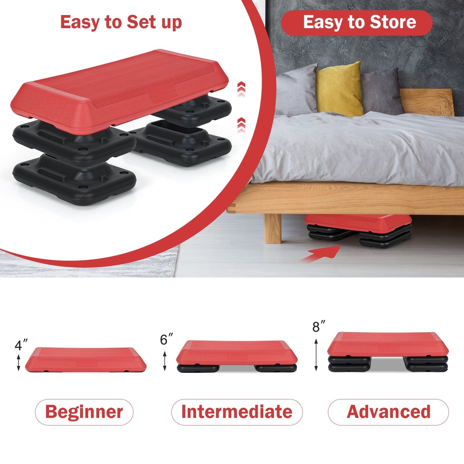 29 Inch Adjustable Workout Fitness Aerobic Stepper Exercise Platform-Red