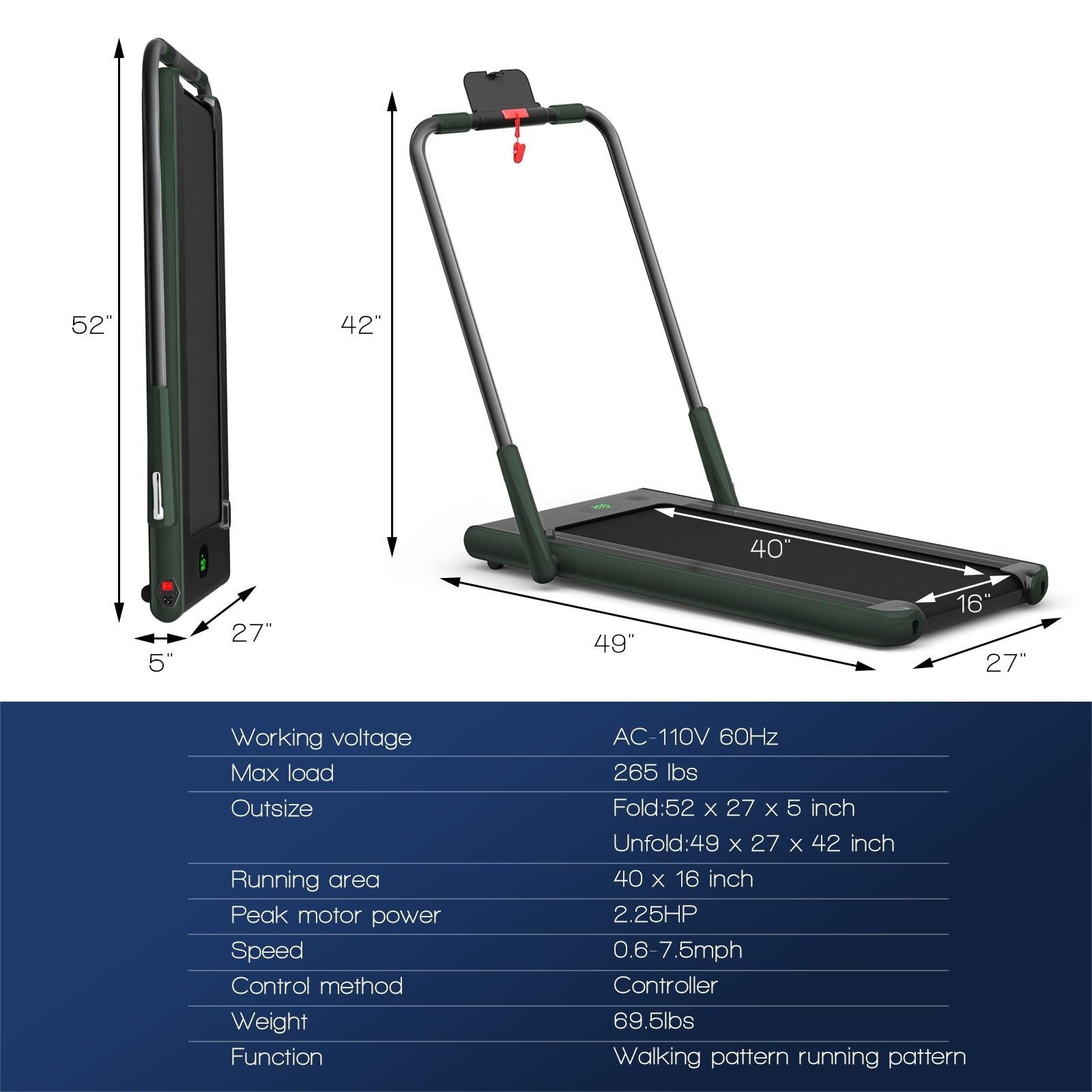 2-in-1 Folding Treadmill with Remote Control and LED Display-Green