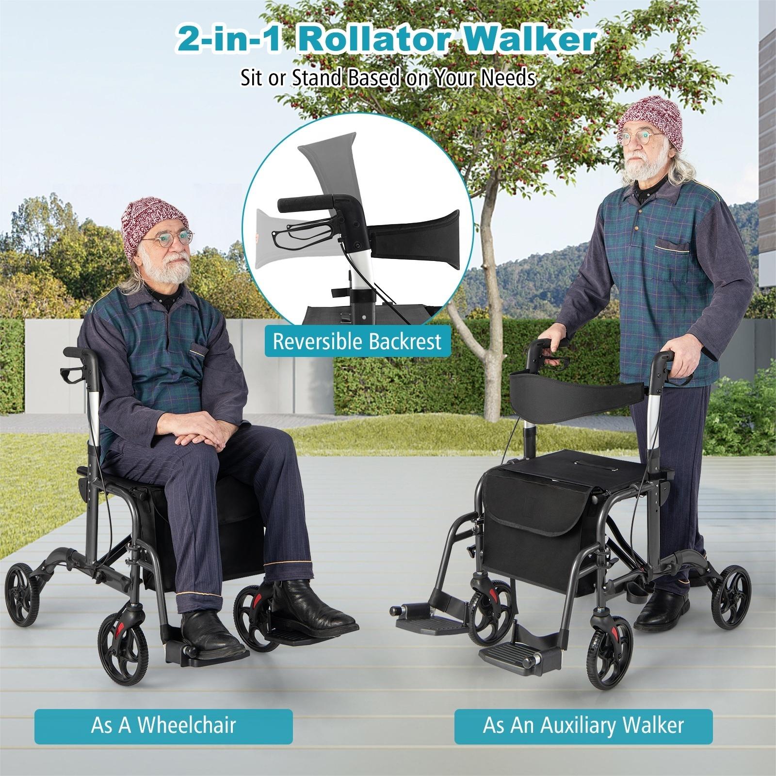 2-in-1 Adjustable Folding Handle Rollator Walker with Storage Space-Black