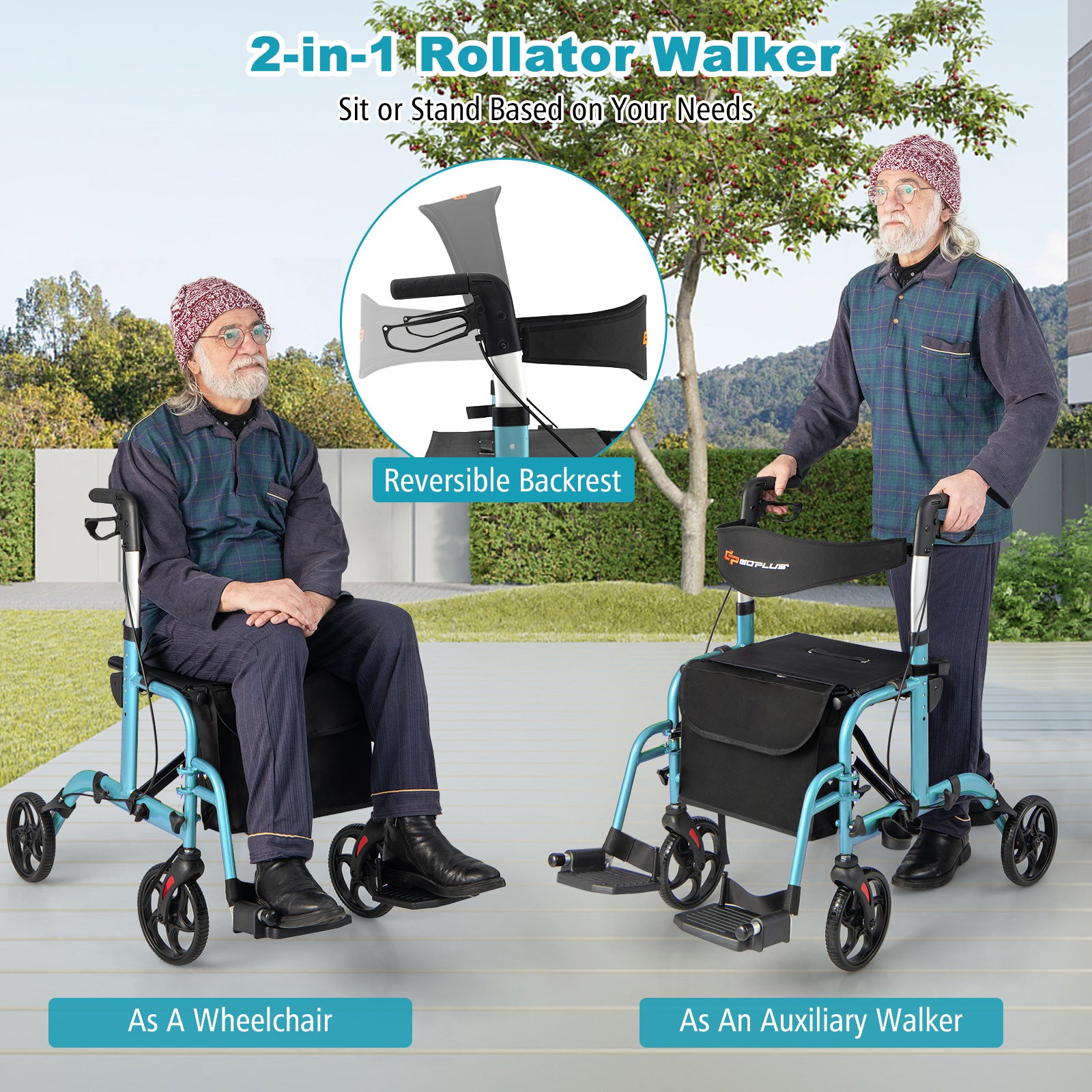 2-in-1 Adjustable Folding Handle Rollator Walker with Storage Space-Blue