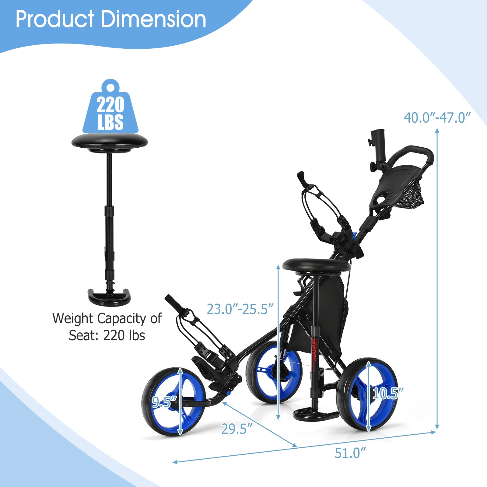 3 Wheel Folding Golf Push Cart with Seat Scoreboard and Adjustable Handle