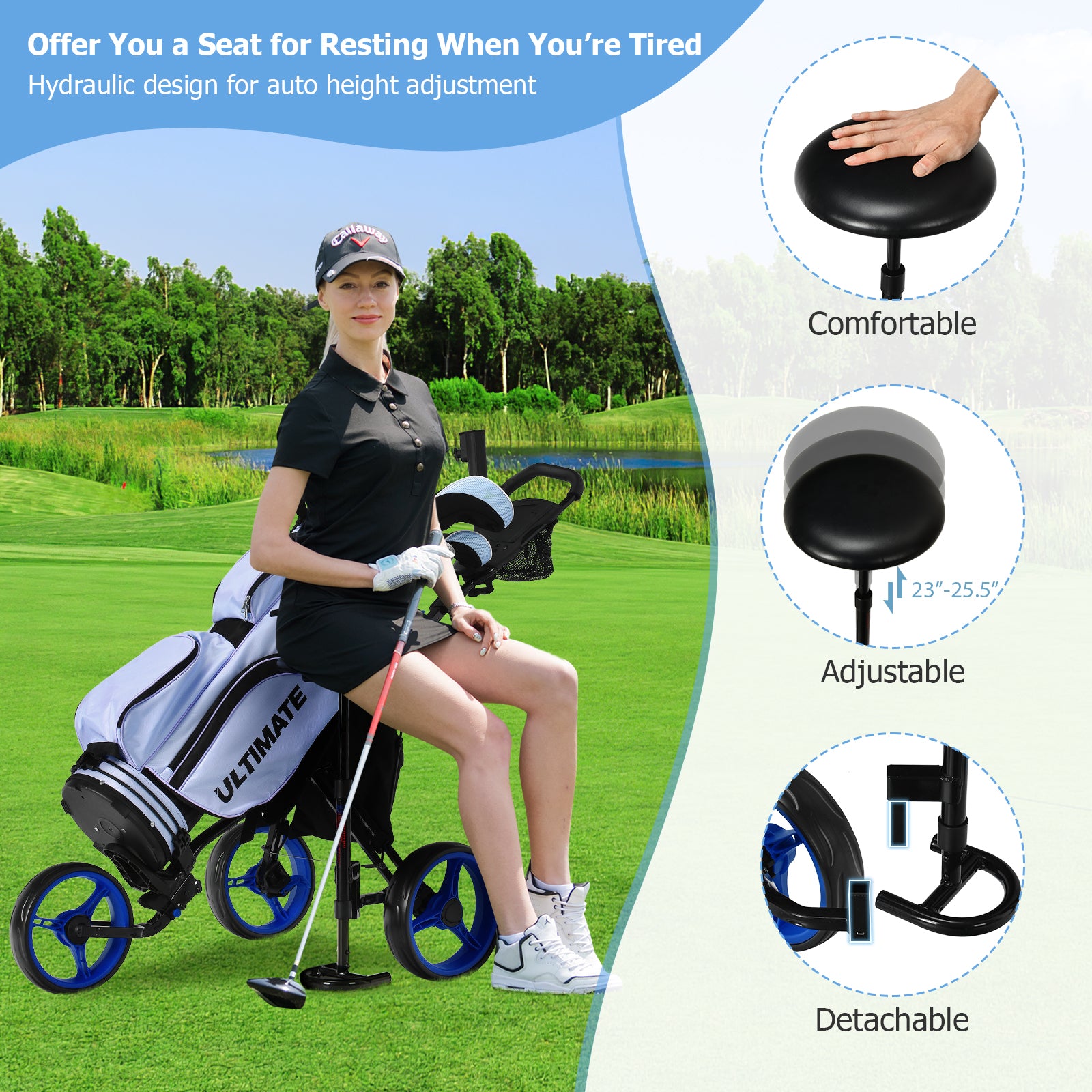 3 Wheel Folding Golf Push Cart with Seat Scoreboard and Adjustable Handle