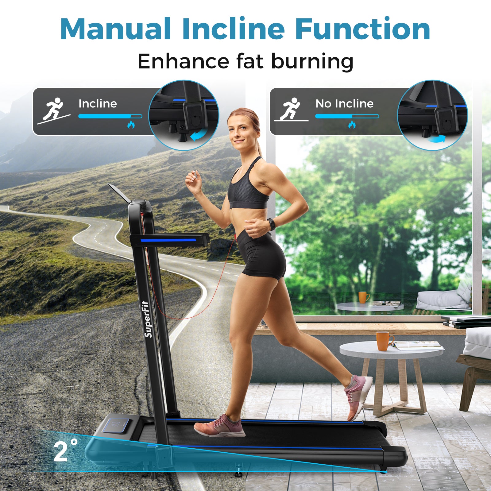 2 in 1 Folding Treadmill with Incline with Remote Control-Blue
