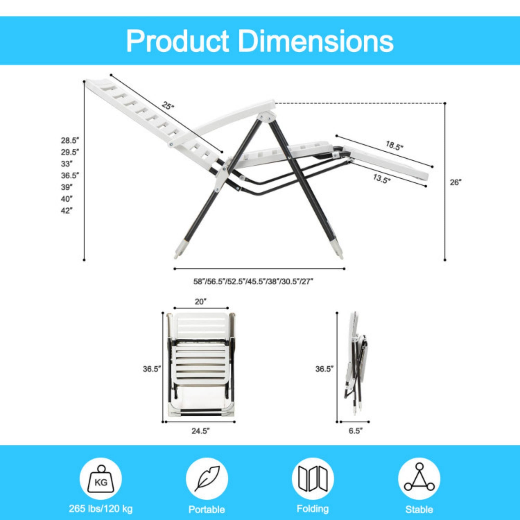 SUGIFT PP Folding Patio Chaise Lounger with 7-Level Backrest and Cozy Footrest