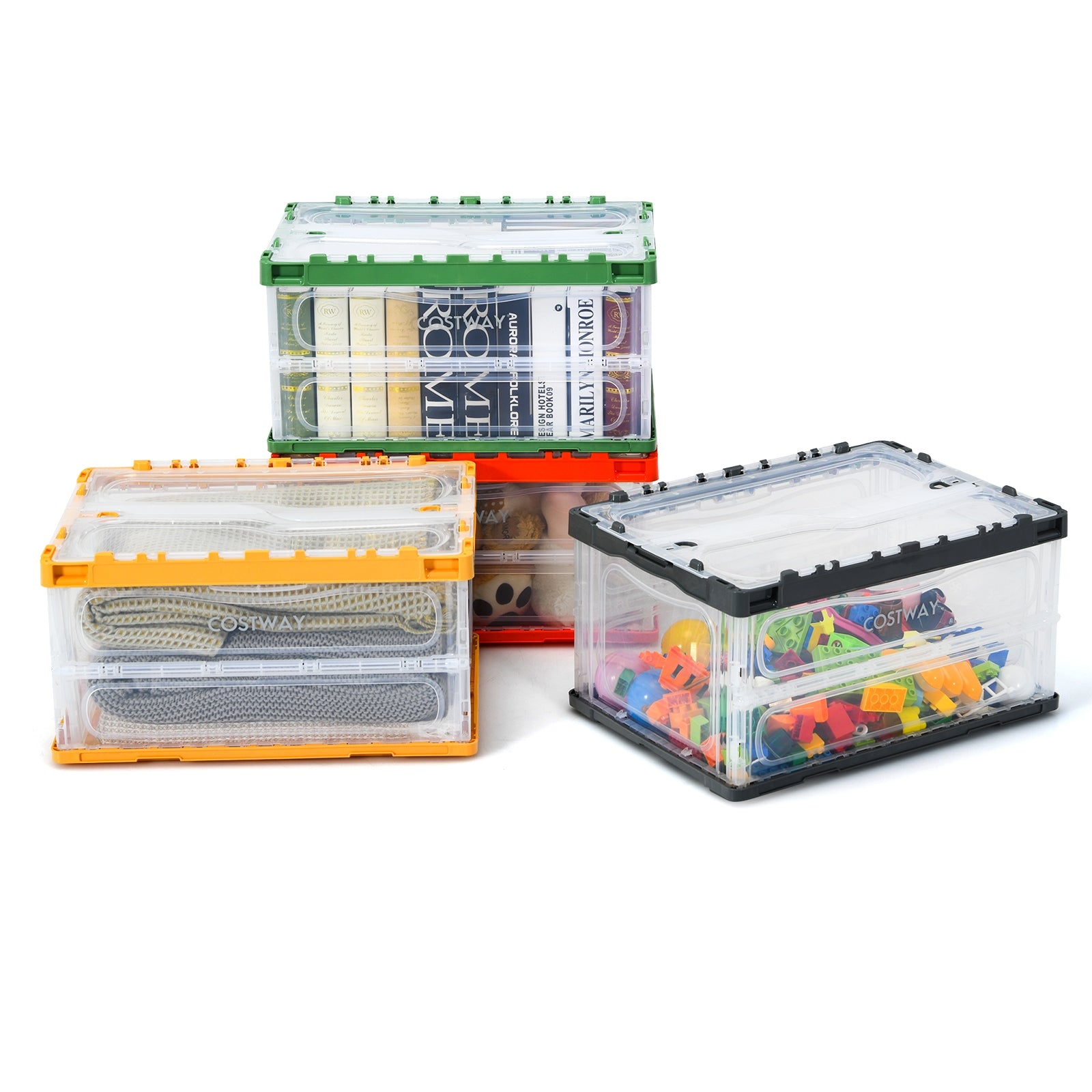 SUGIFT 4 Pack Collapsible and Stackable Plastic Storage Bins with Attached Lid