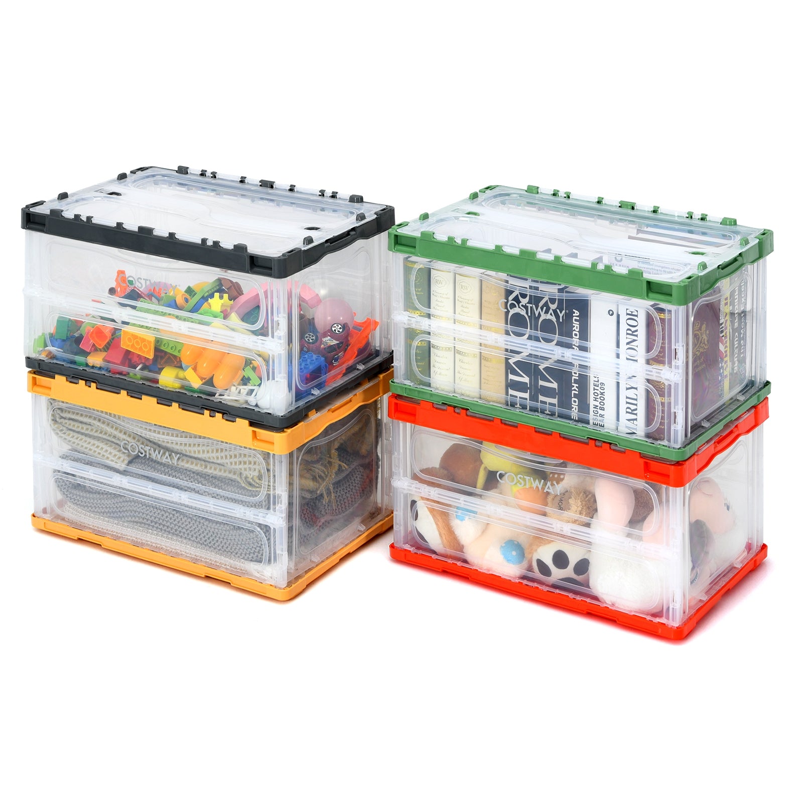 SUGIFT 4 Pack Collapsible and Stackable Plastic Storage Bins with Attached Lid
