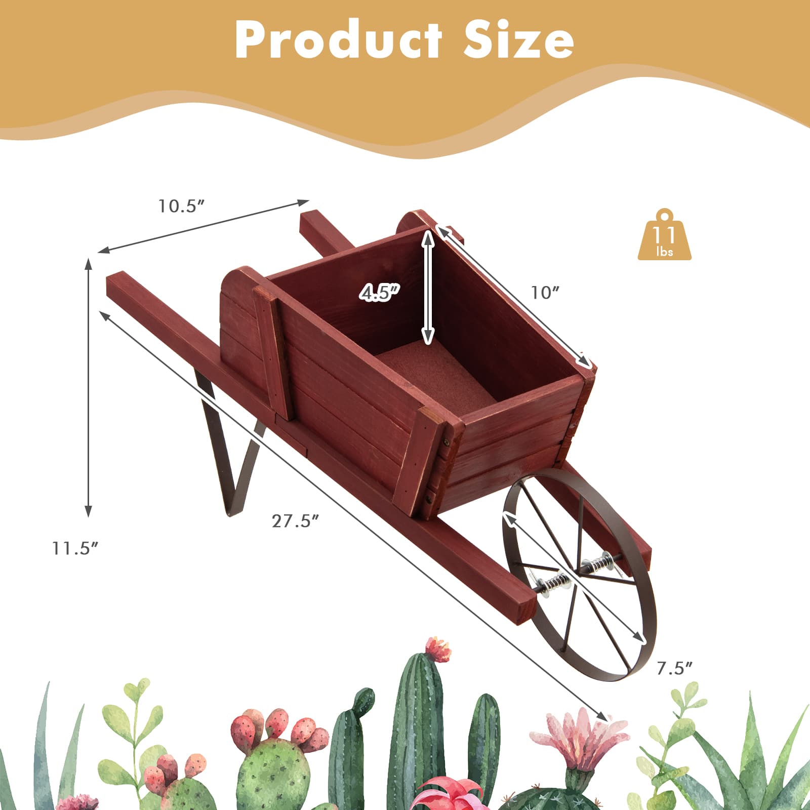 Wooden Wagon Planter with 9 Magnetic Accessories for Garden Yard-Red
