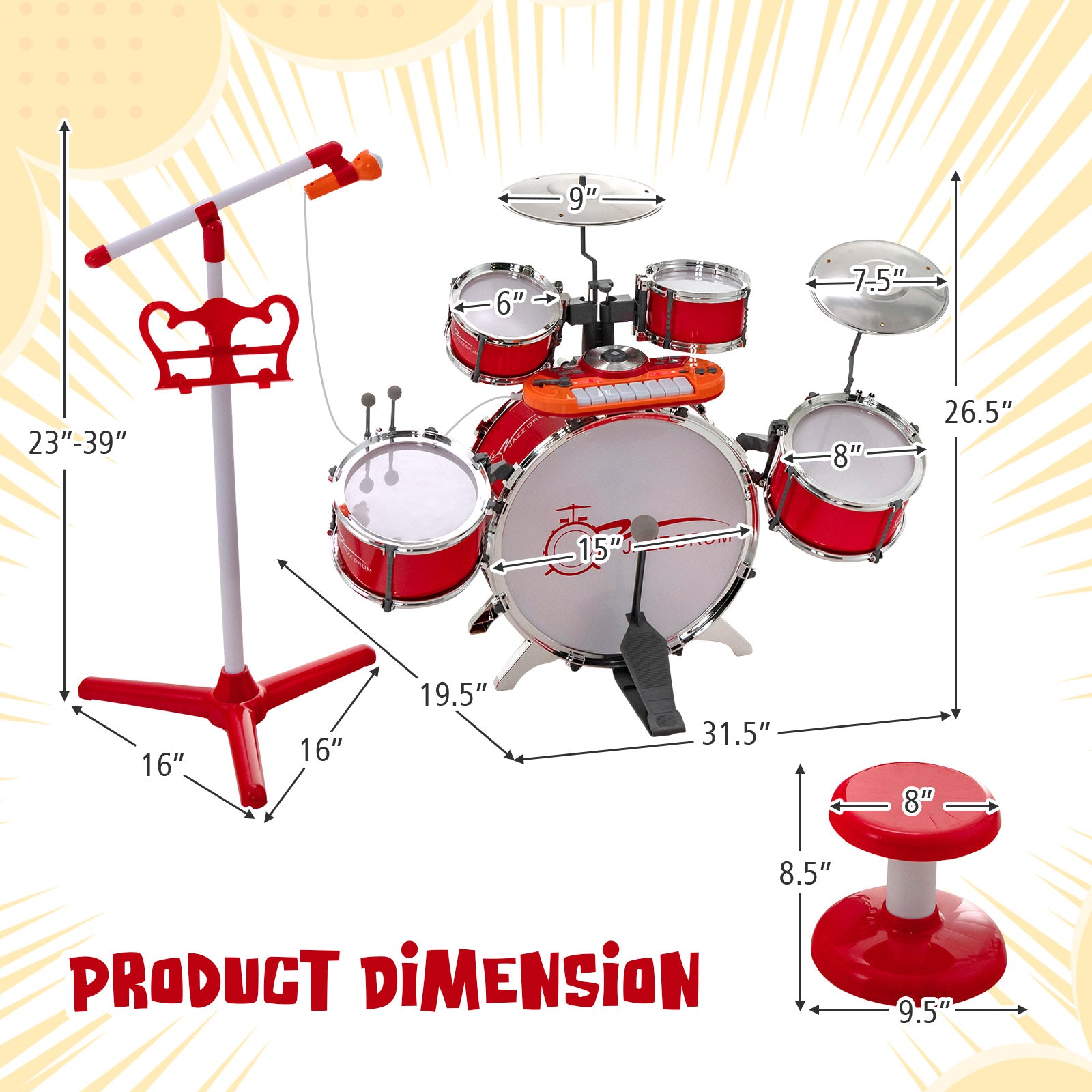 SUGIFT Kids Jazz Drum Keyboard Set with Stool and Microphone Stand