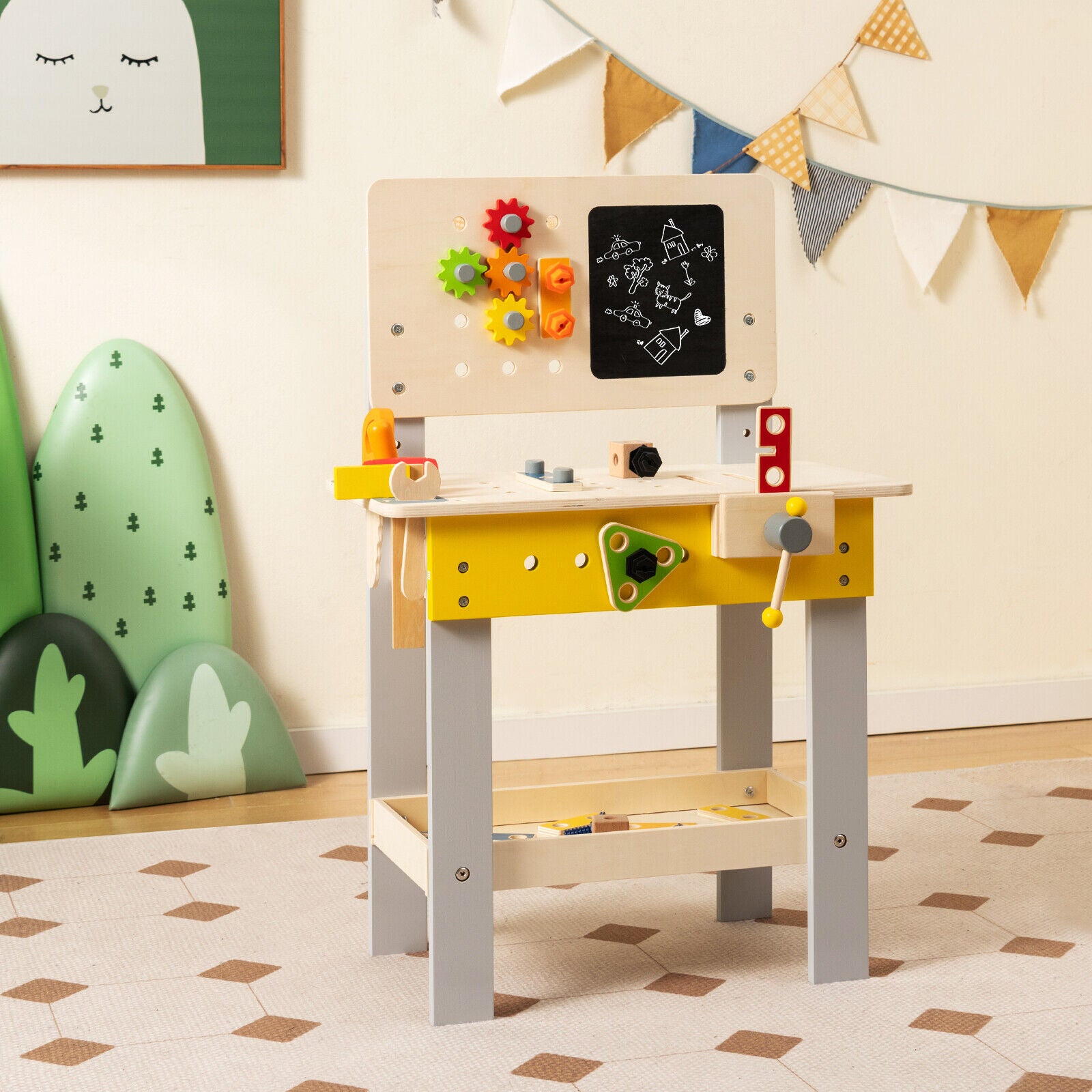 Wooden Pretend Play Workbench Set with Blackboard for Toddlers
