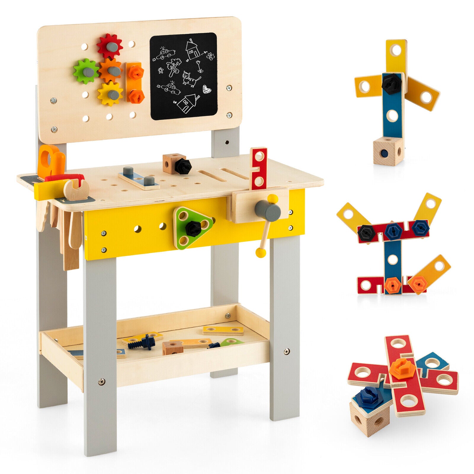 Wooden Pretend Play Workbench Set with Blackboard for Toddlers