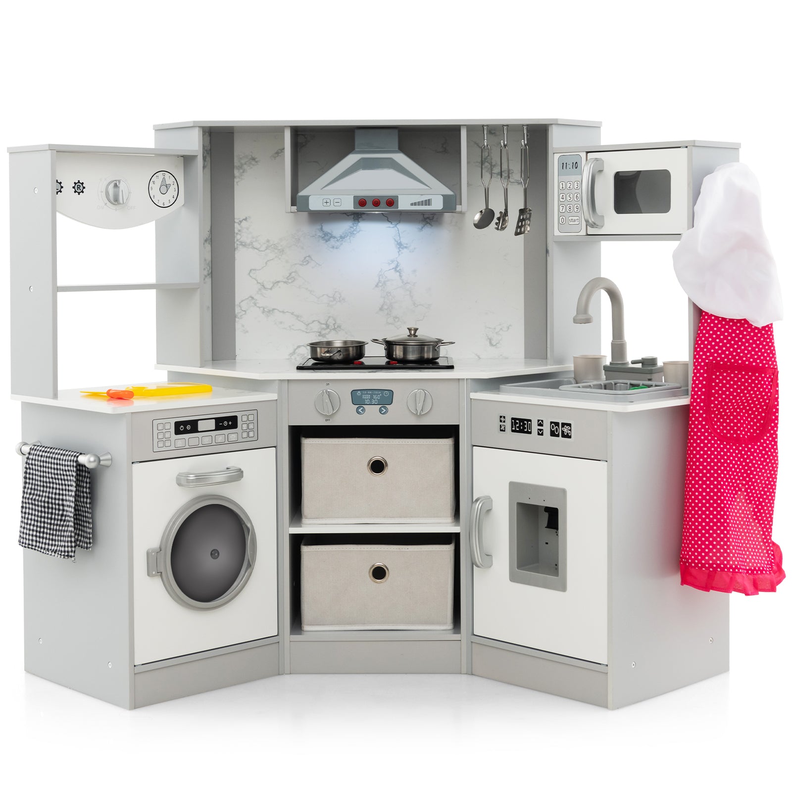 Wooden Kids Play Kitchen Playset with Realistic Lights and Sounds