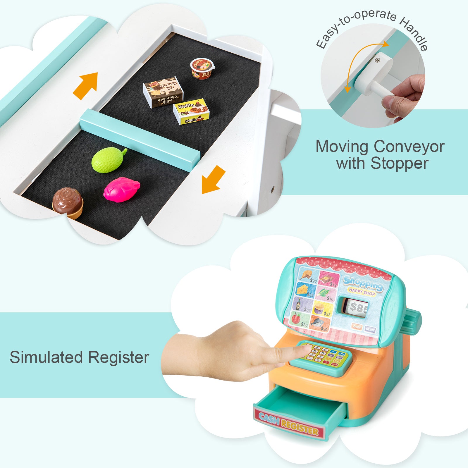 Wooden Kids Supermarket Playset with Cash Register and Shopping Cart