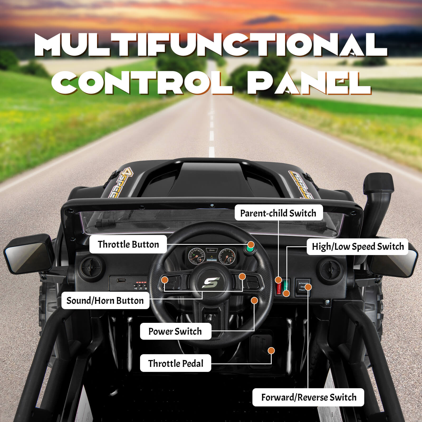 12V Ride on Truck with Parent Remote Control and LED Lights-Black