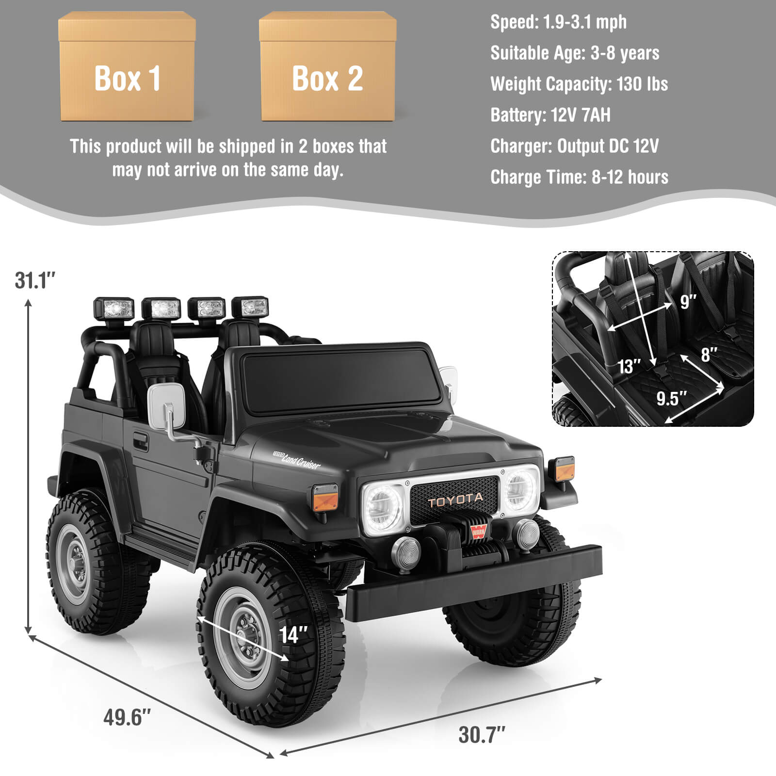 12V 2-Seat Licensed Kids Ride On Toyota FJ40 Car with 2.4G Remote Control