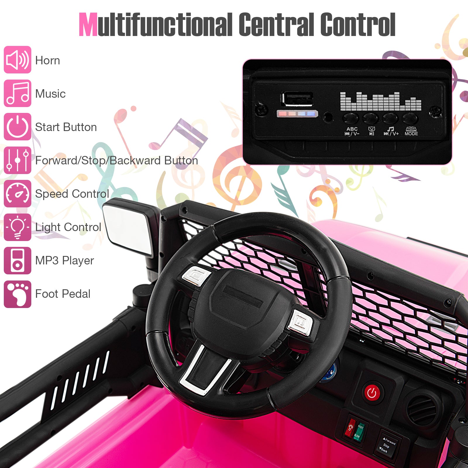 12V Kids Ride On Truck with Remote Control and Headlights-Pink