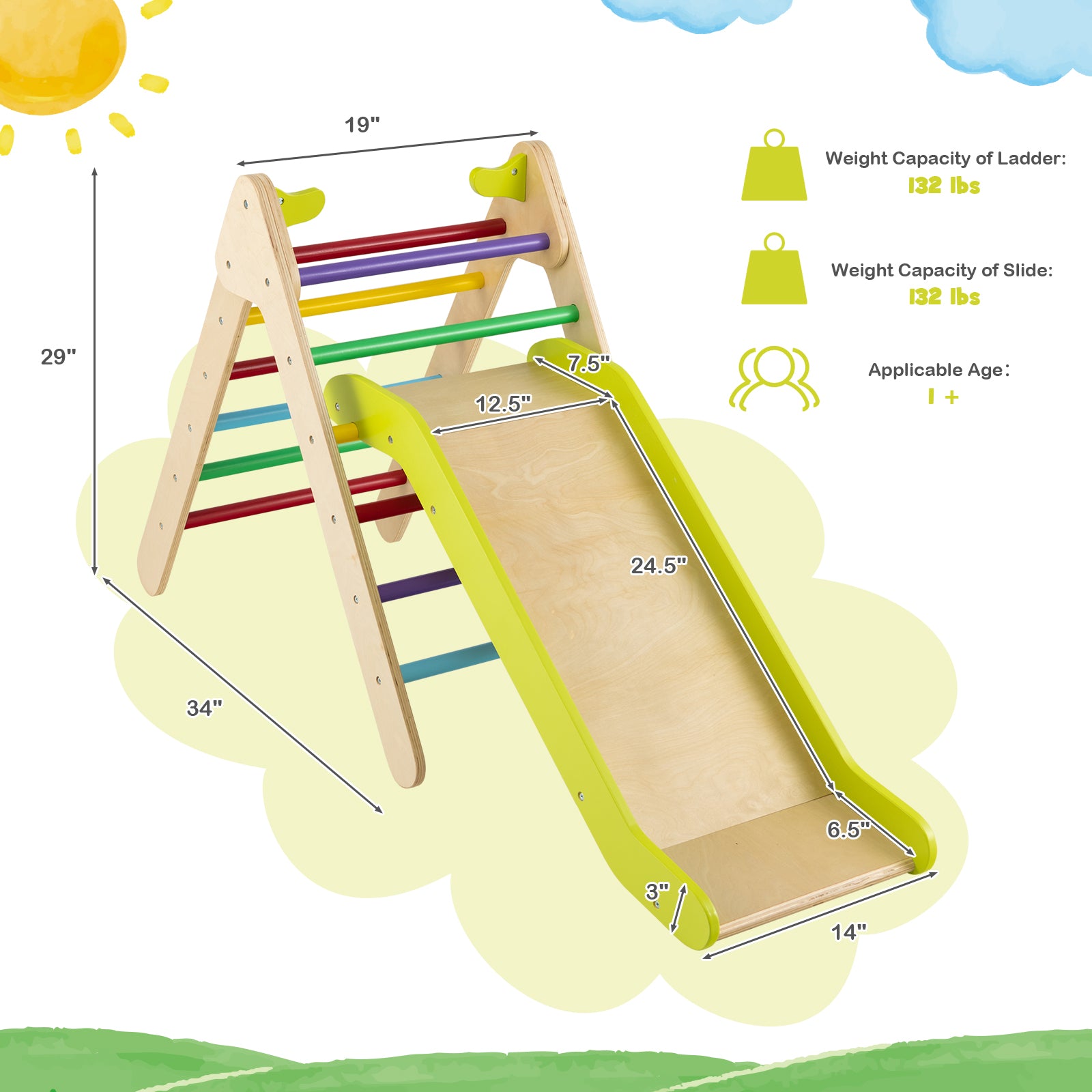 2-in-1 Wooden Triangle Climber Set with Gradient Adjustable Slide