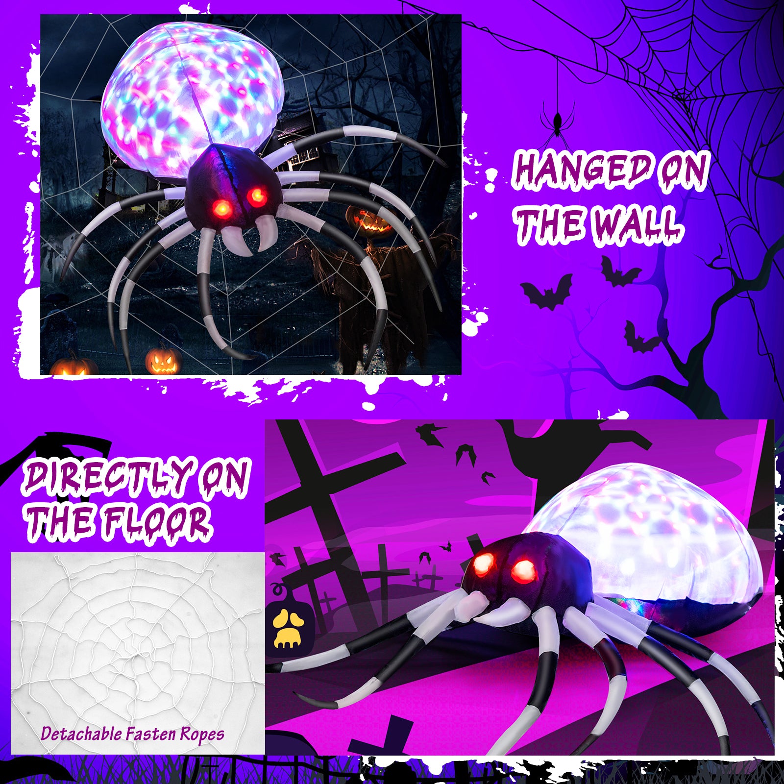 3.5 Feet Wall Halloween Inflatable Spider with Multi-Color Lights and Built-In Blower