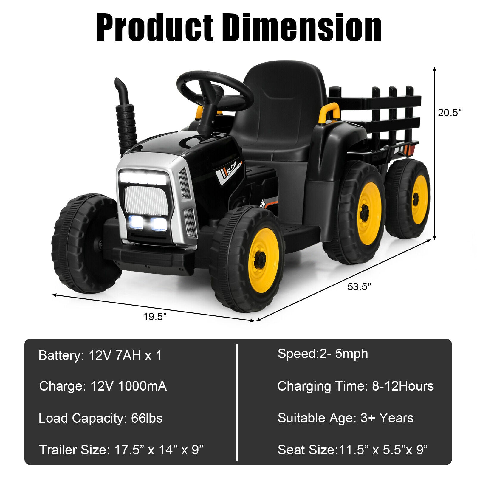 12V Ride on Tractor with 3-Gear-Shift Ground Loader for Kids 3+ Years Old