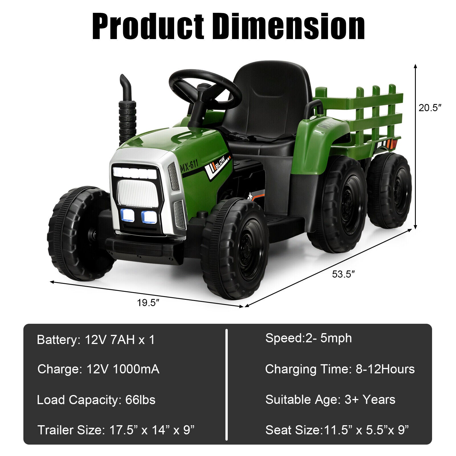 12V Ride on Tractor with 3-Gear-Shift Ground Loader for Kids 3+ Years Old