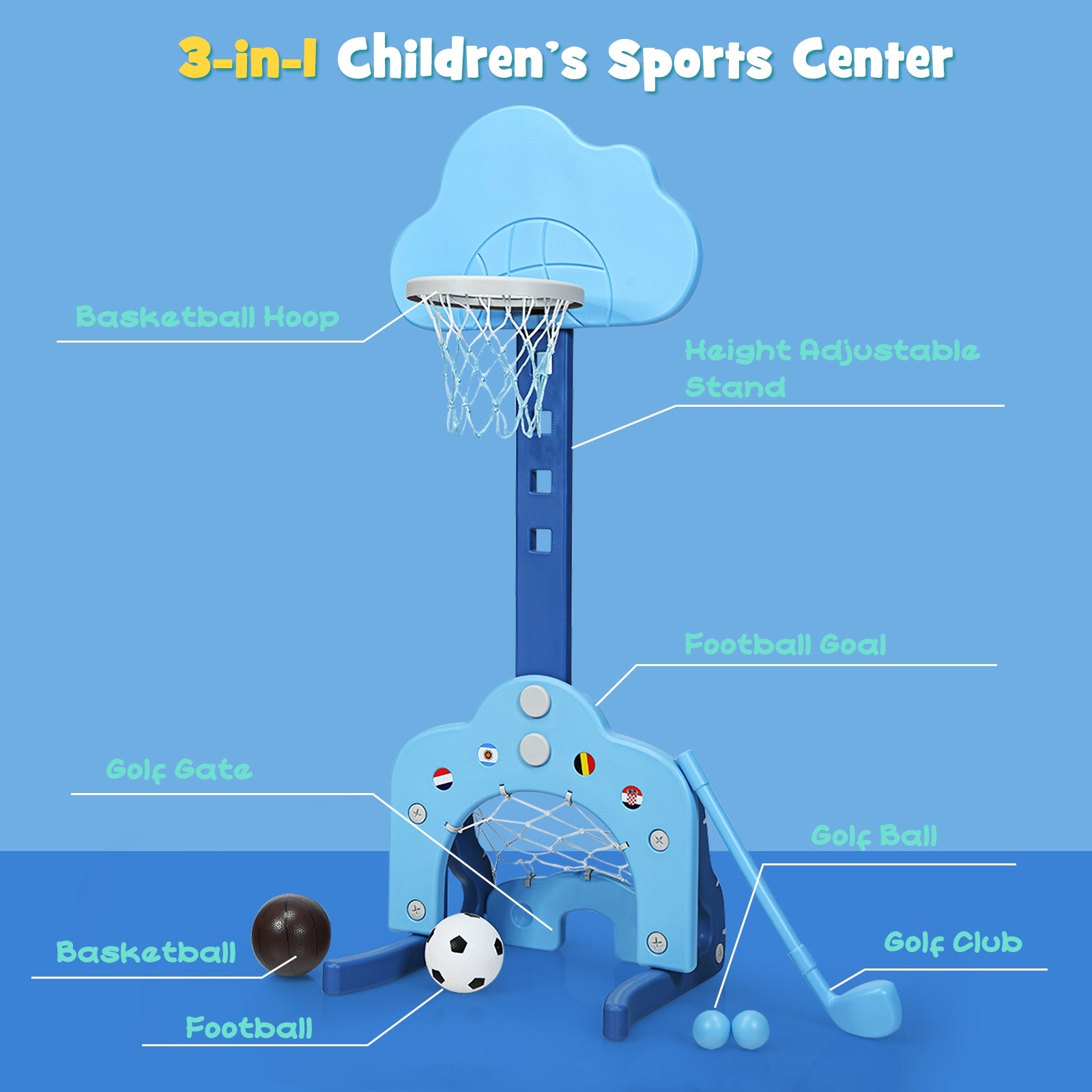 3-in-1 Kids Basketball Hoop Set with Balls-Blue