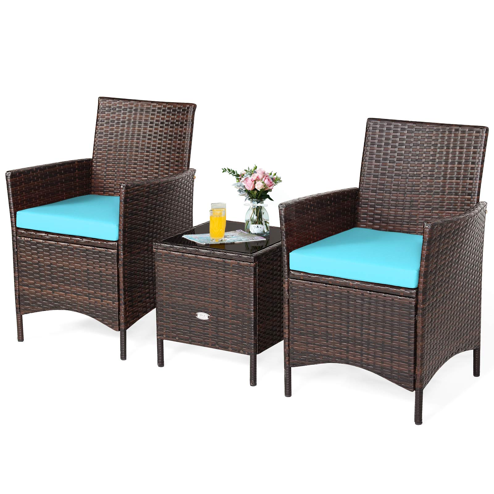 3 Pieces Patio Cushioned Rattan Converstaion Set With Glass Table Top