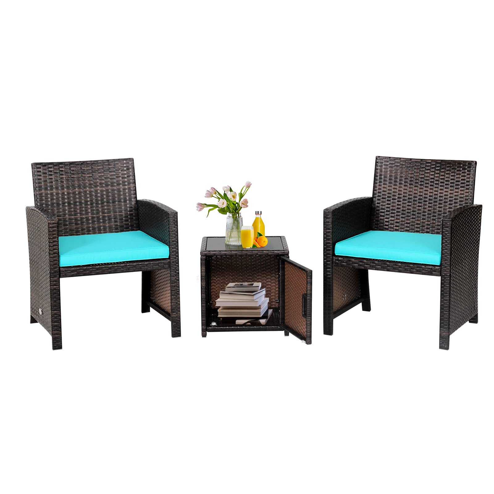 3 Pieces Patio Wicker Furniture Set with Storage Table and Protective Cover