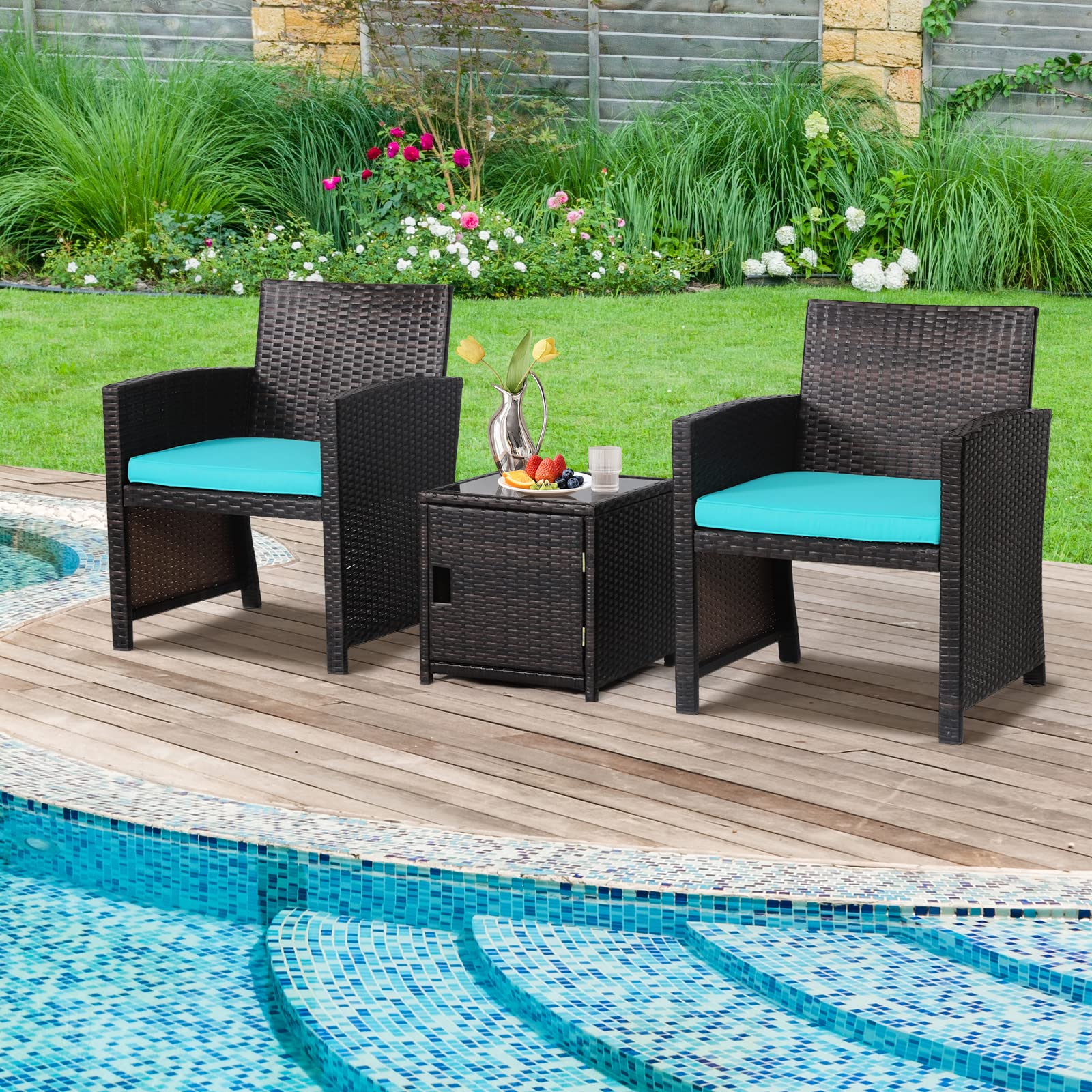 3 Pieces Patio Wicker Furniture Set with Storage Table and Protective Cover