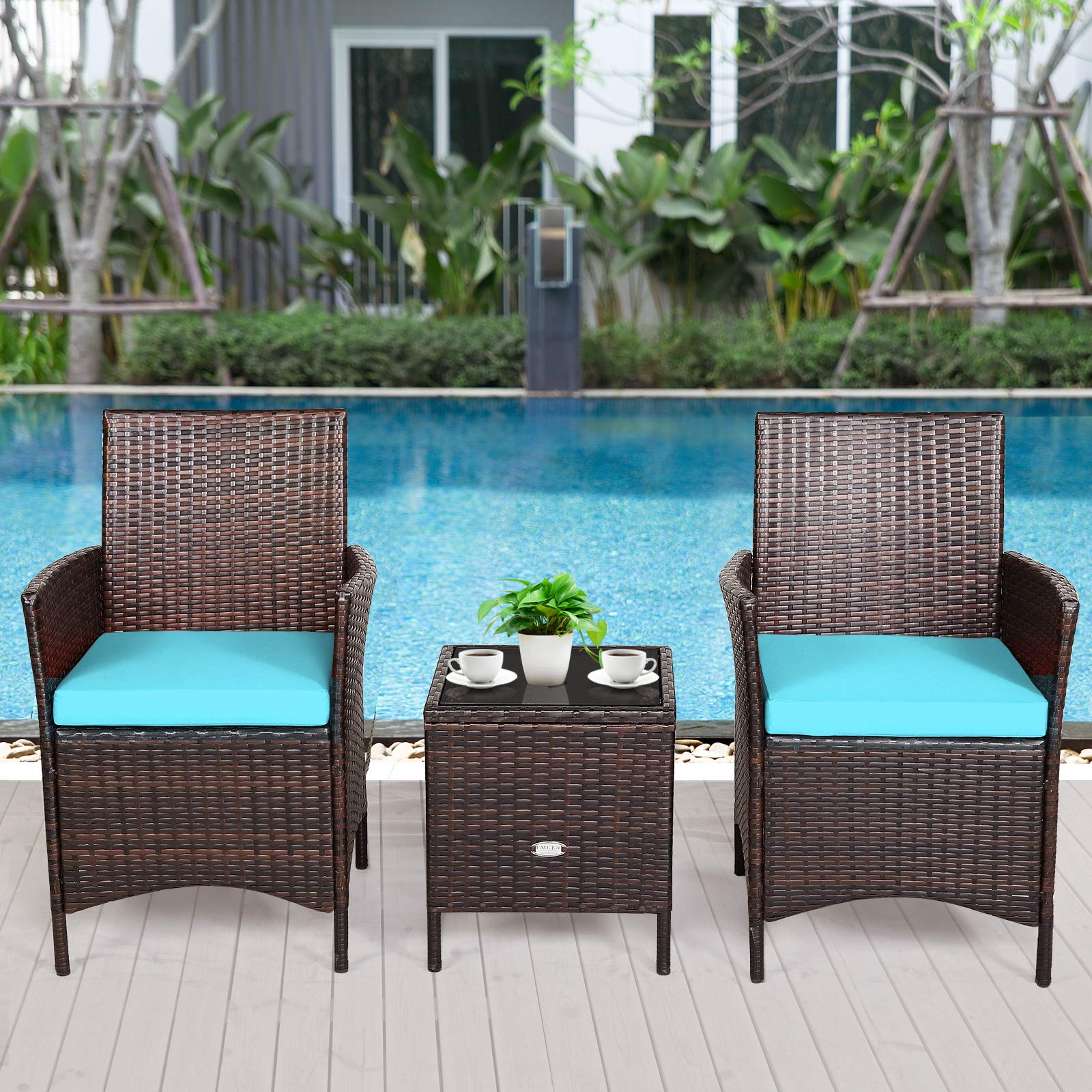 3 Pieces Patio Cushioned Rattan Converstaion Set With Glass Table Top