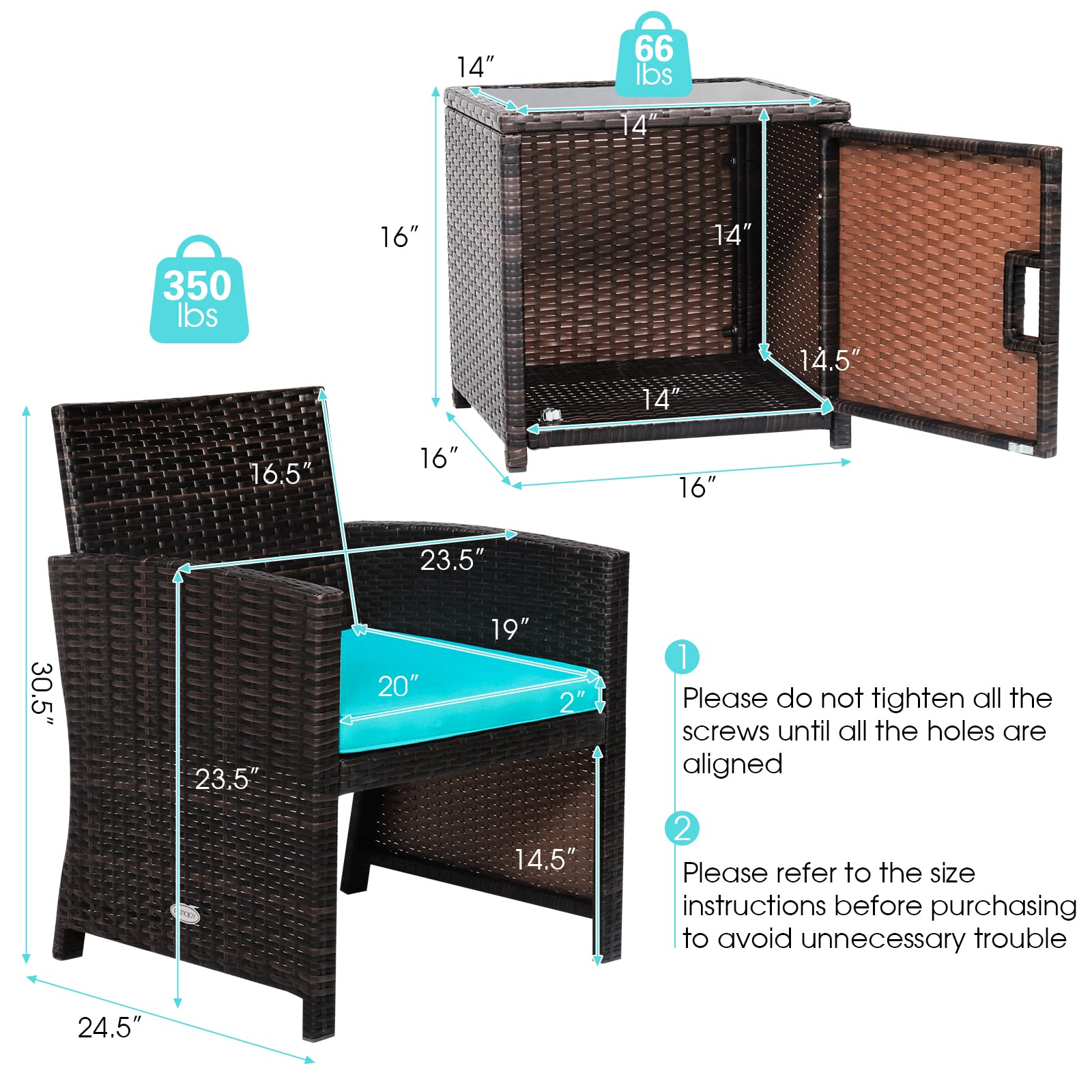 3 Pieces Patio Wicker Furniture Set with Storage Table and Protective Cover