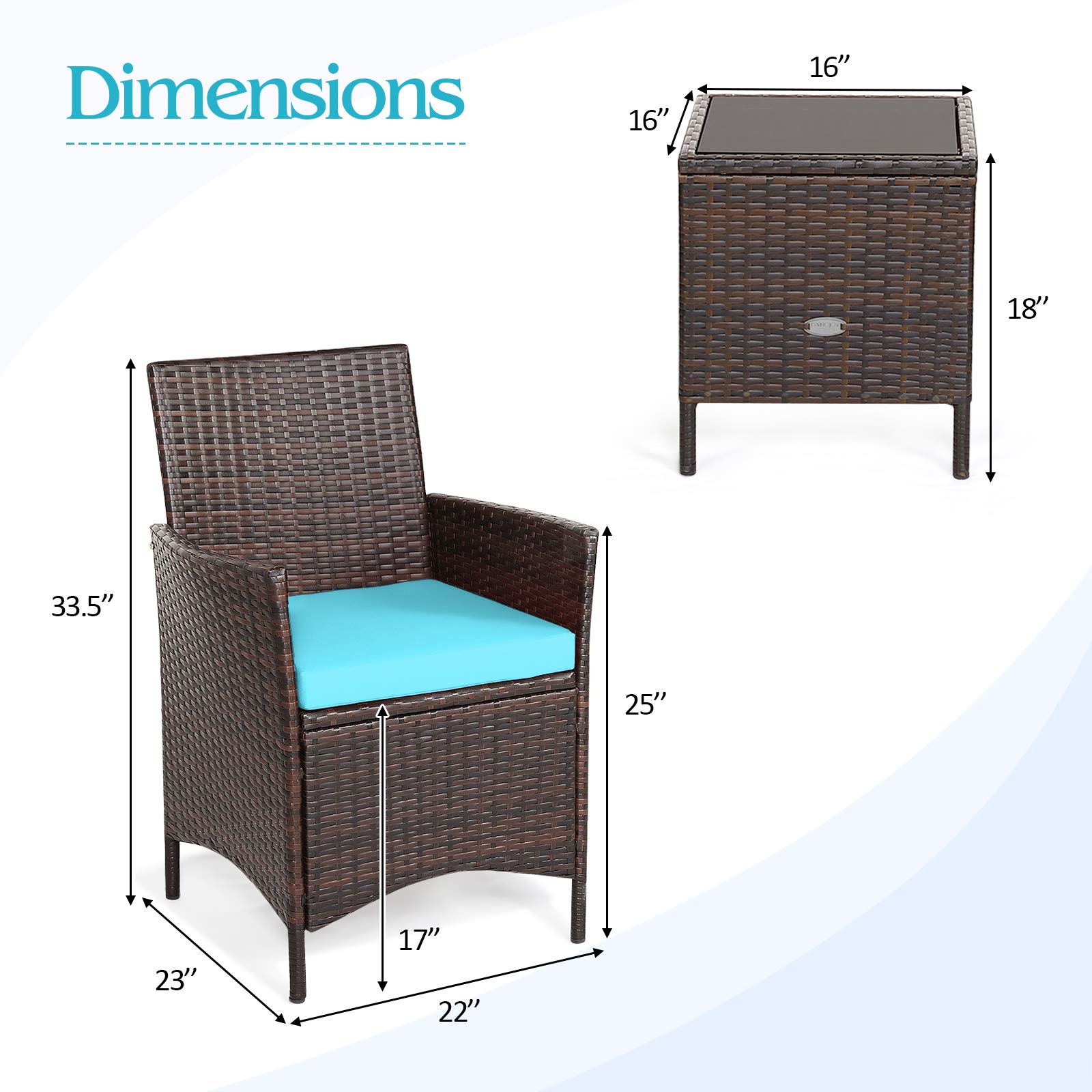 3 Pieces Patio Cushioned Rattan Converstaion Set With Glass Table Top