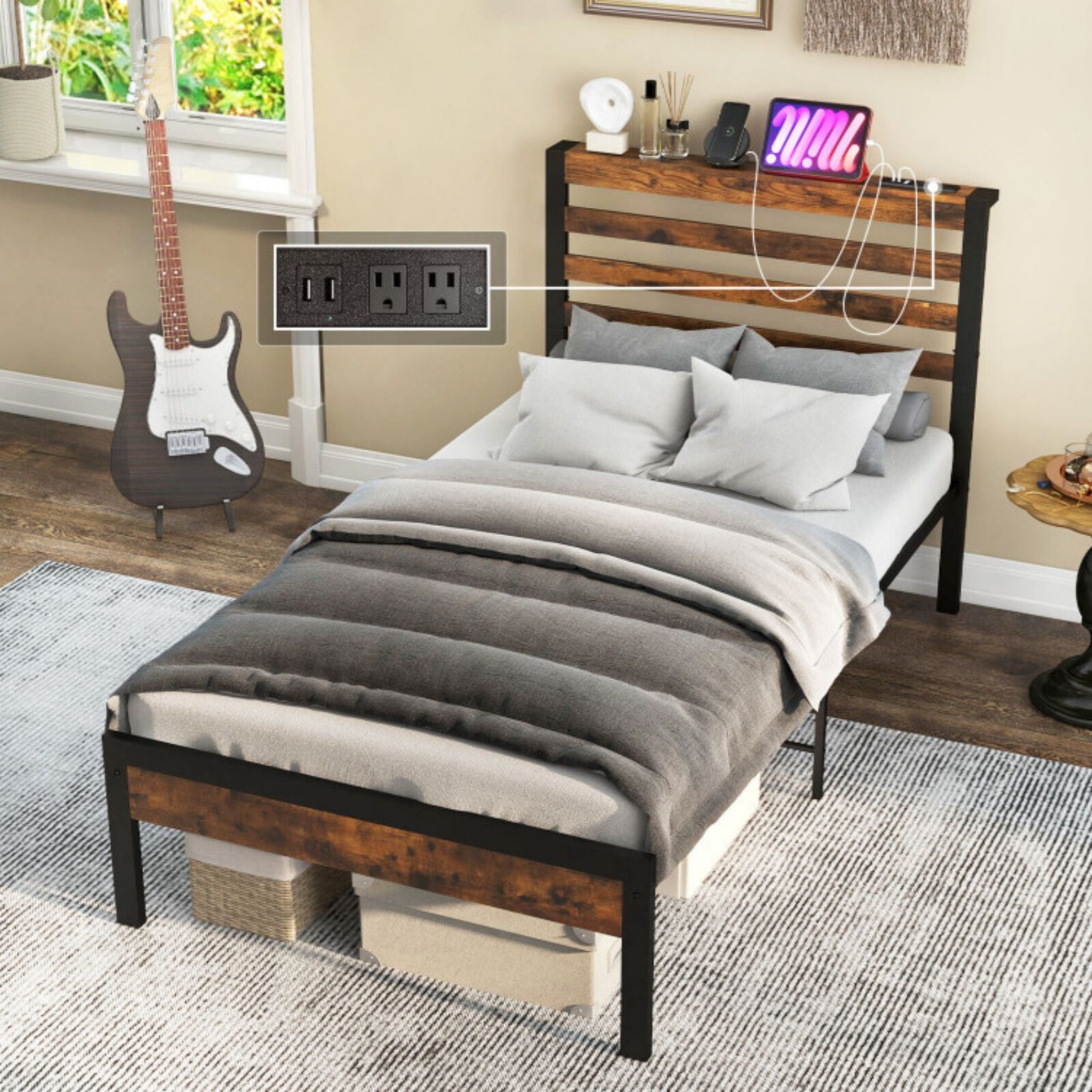SUGIFT Twin/Full/Queen Size Bed Frame with Charging Station and Storage Headboard